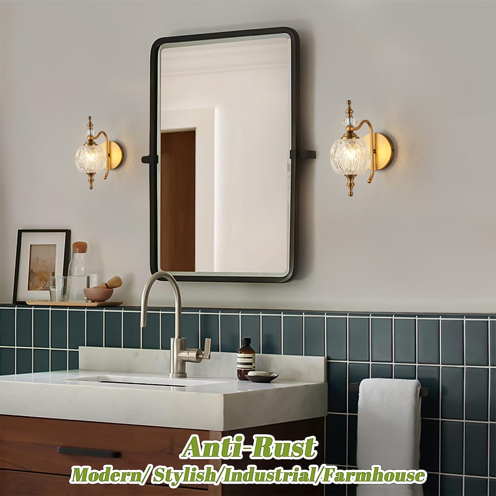 Tlolgt Vintage Bathroom Wall Sconces, 1-Light Wall Light Fixtures With Crystal Glass Shade Retro Bathroom Vanity Light Fixtures