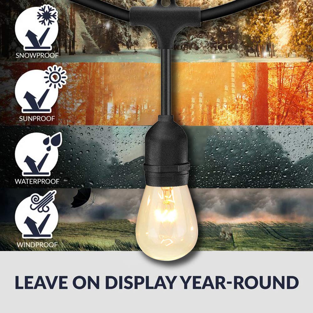 SUNTHIN Outdoor String Lights 48FT 2-Pack, Waterproof Dimmable Edison Bulbs, Black, Commercial Grade for Patio, Bistro, Holiday Decor