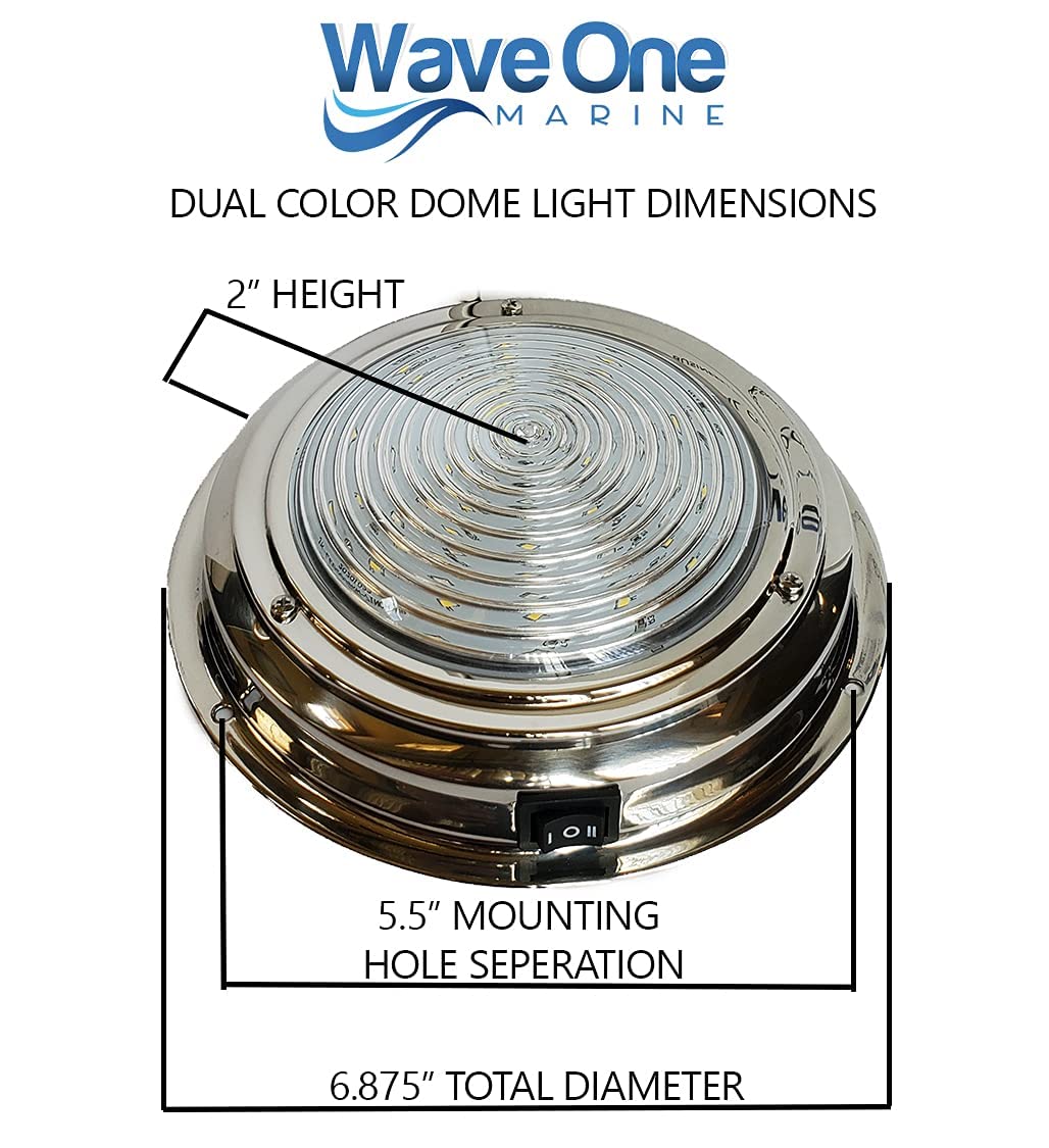 Wave One Marine Dual Color 7'' Led Boat Dome Light 12V Rv | Stainless Housing | Ceiling Cabin Room Surface Mount | Built In Rock
