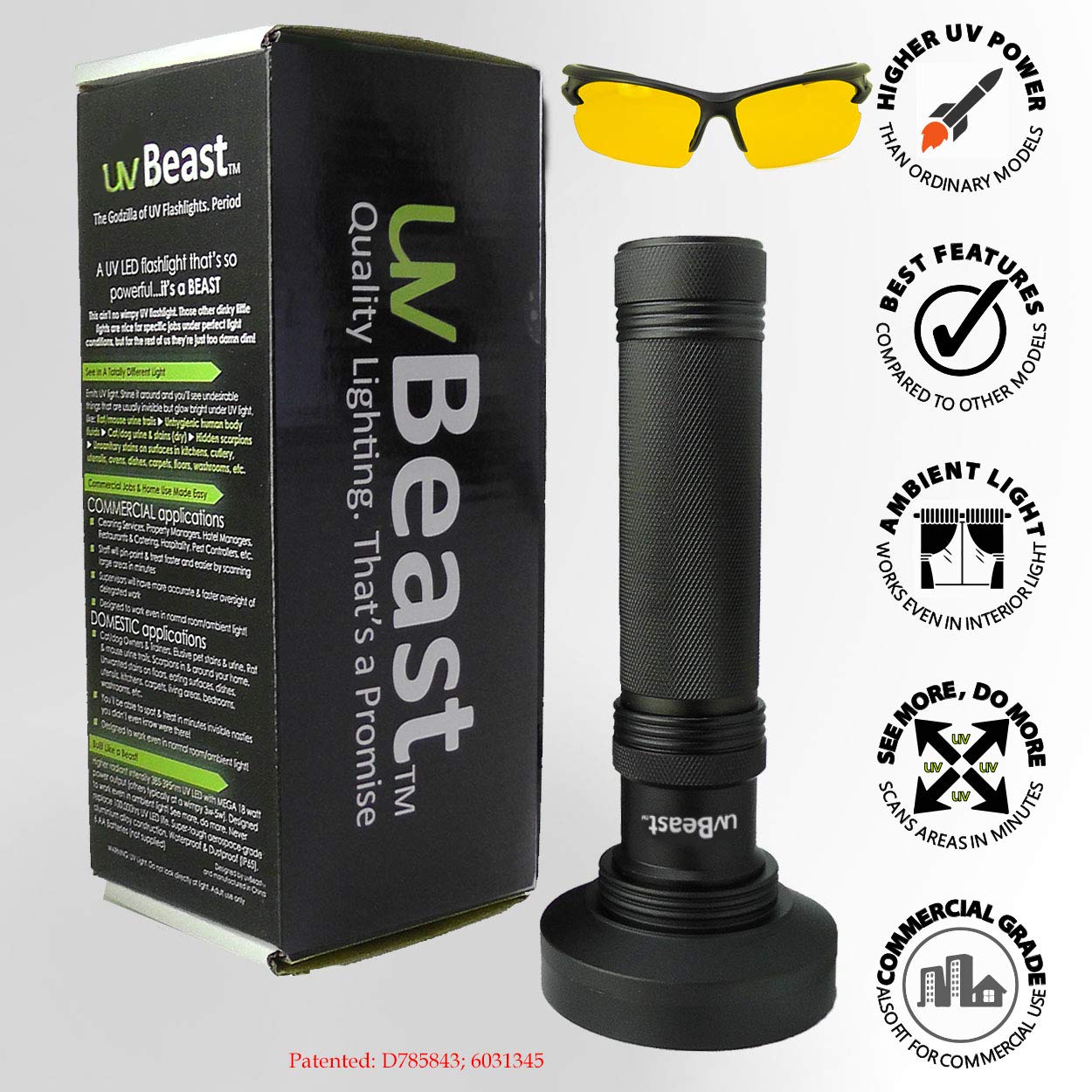 uvBeast UV Flashlight - High Power 100 LED, 385nm-395nm, Black, Model UVBe-100, Ideal for Commercial and Domestic Use