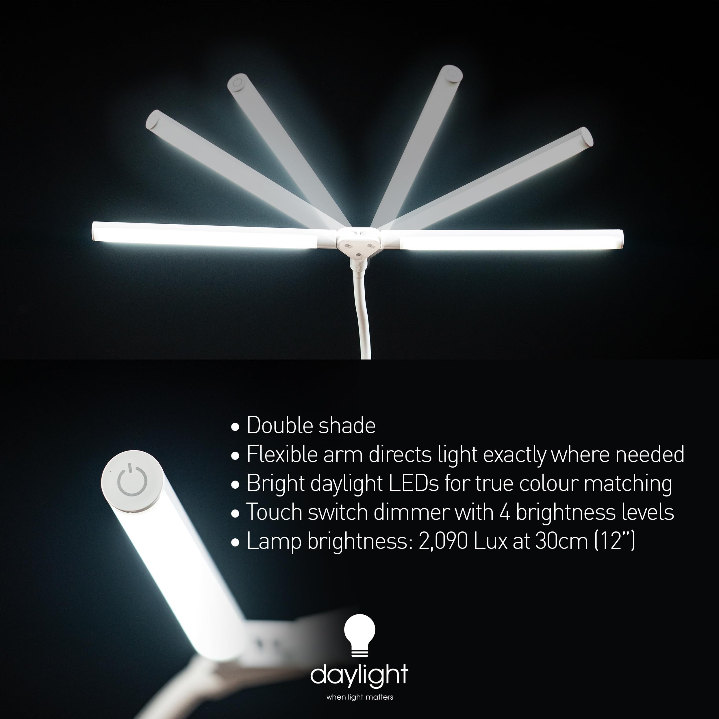 Daylight Duo Floor Lamp - LED Eye Care, Anti-Glare, 6000K, 13.5W, White, Model UN1530