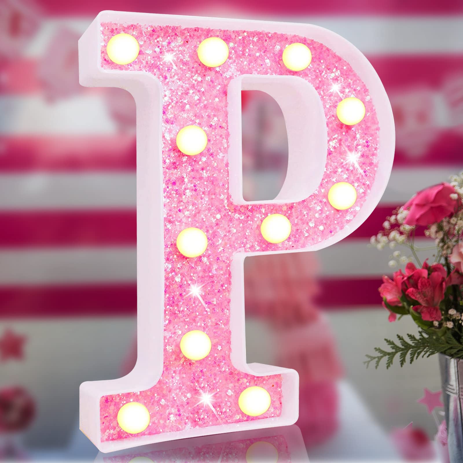 Elnsivo Pink Glitter LED Marquee Letter Light, Battery Powered Decorative Sign for Bedroom, Party, Christmas, Home Decor