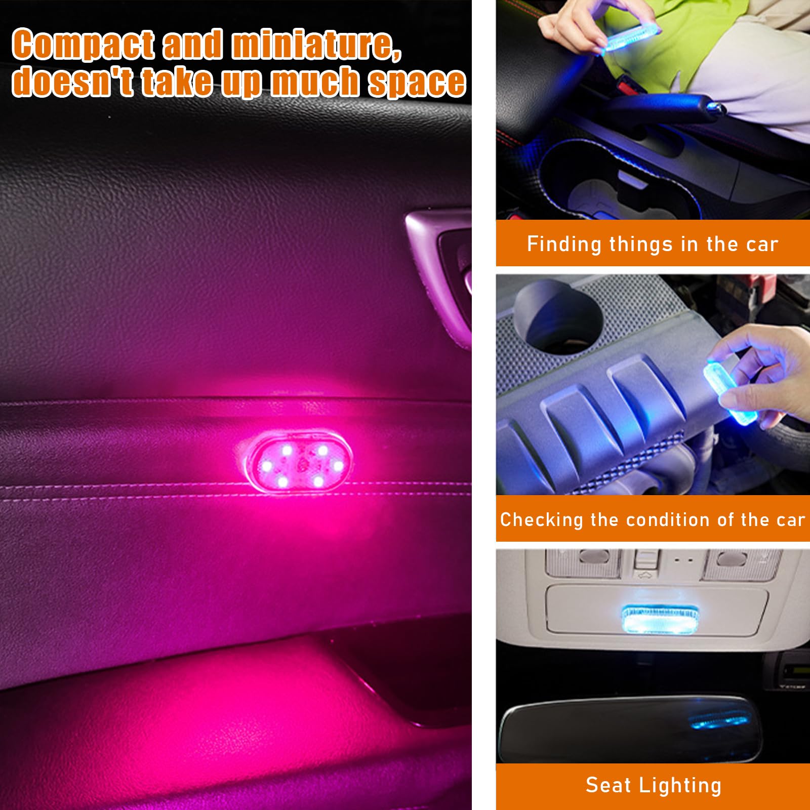Augeny 4 Pcs Car Led Lights Interior Wireless, 7 Colors Sticky Auto Interior Light With 6 Bright Led Lamp Beads, Portable Usb Re