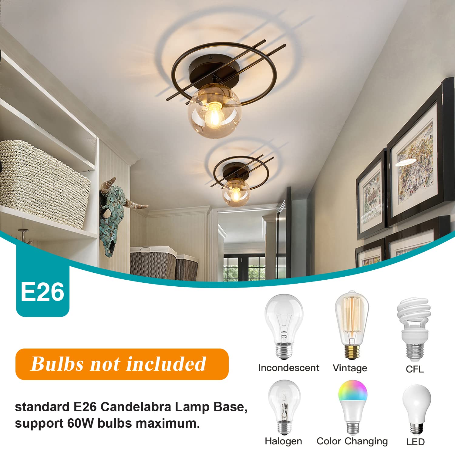 Matte Black & Gold Finish Semi Flush Mount Ceiling Light Fixture Mid Century Modern Chandelier With Glass Globe Small Indoor Lighting For Kitchen Hallway Bathroom Bedroom Closet Farmhouse Proch.