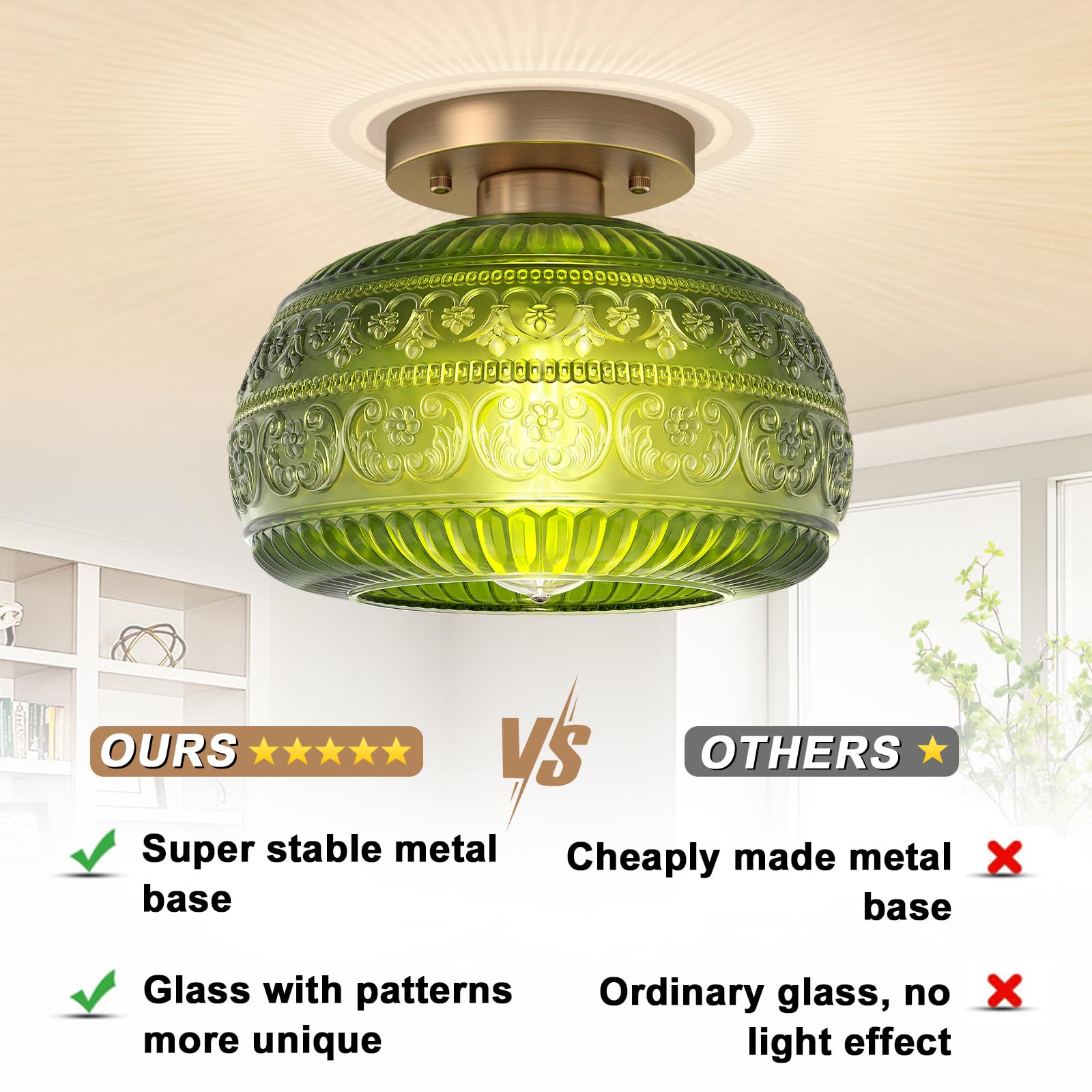 OYKYOHEI Green Glass Semi Flush Mount Ceiling Light, 9in Modern Fixture for Kitchen, Porch, Corridor, Bedroom - Bulb Not Included