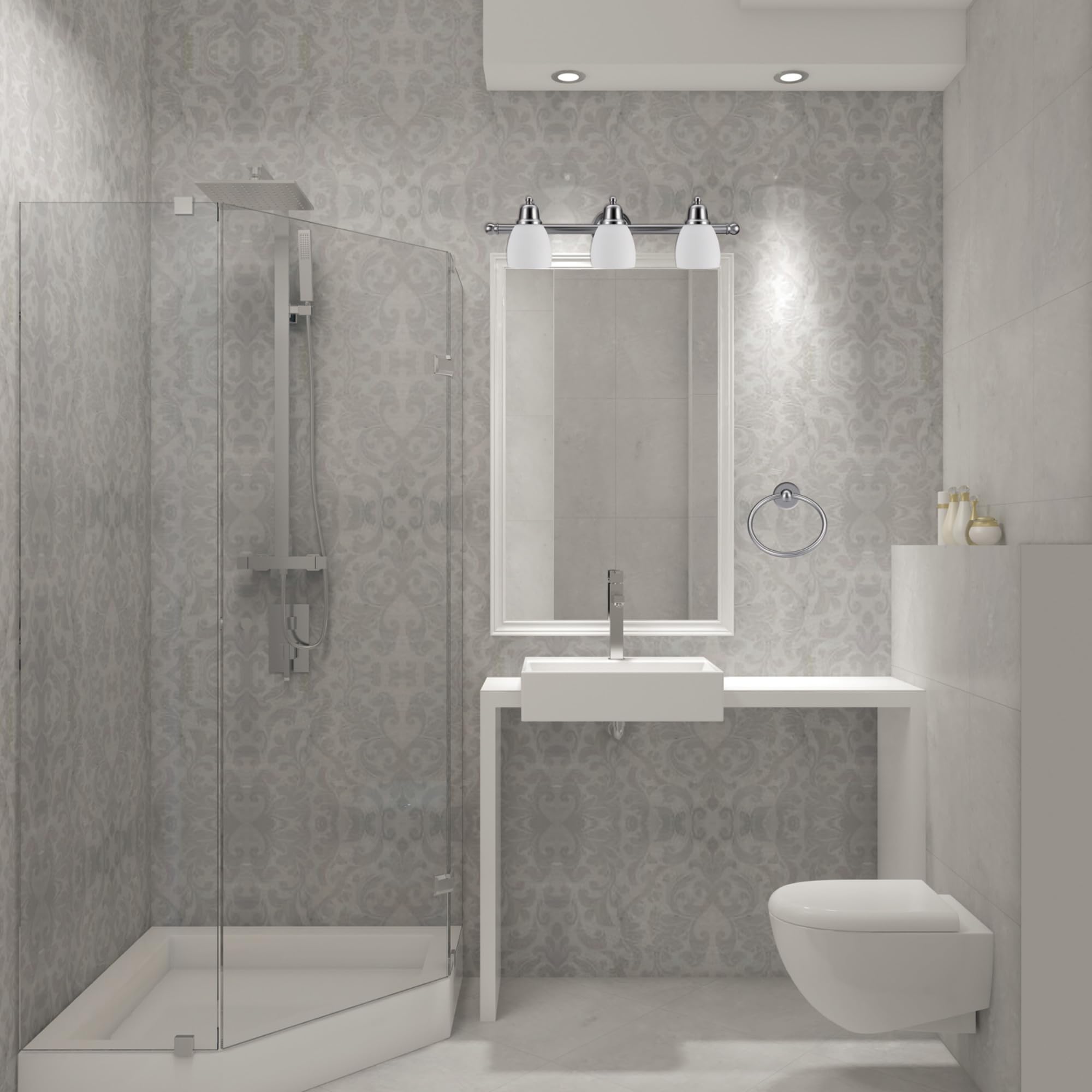 Globe Electric 51229 Jayden 5-Piece Bathroom Set, Satin Nickel, 3-Light Vanity, Glass Shades, 9.84 inches
