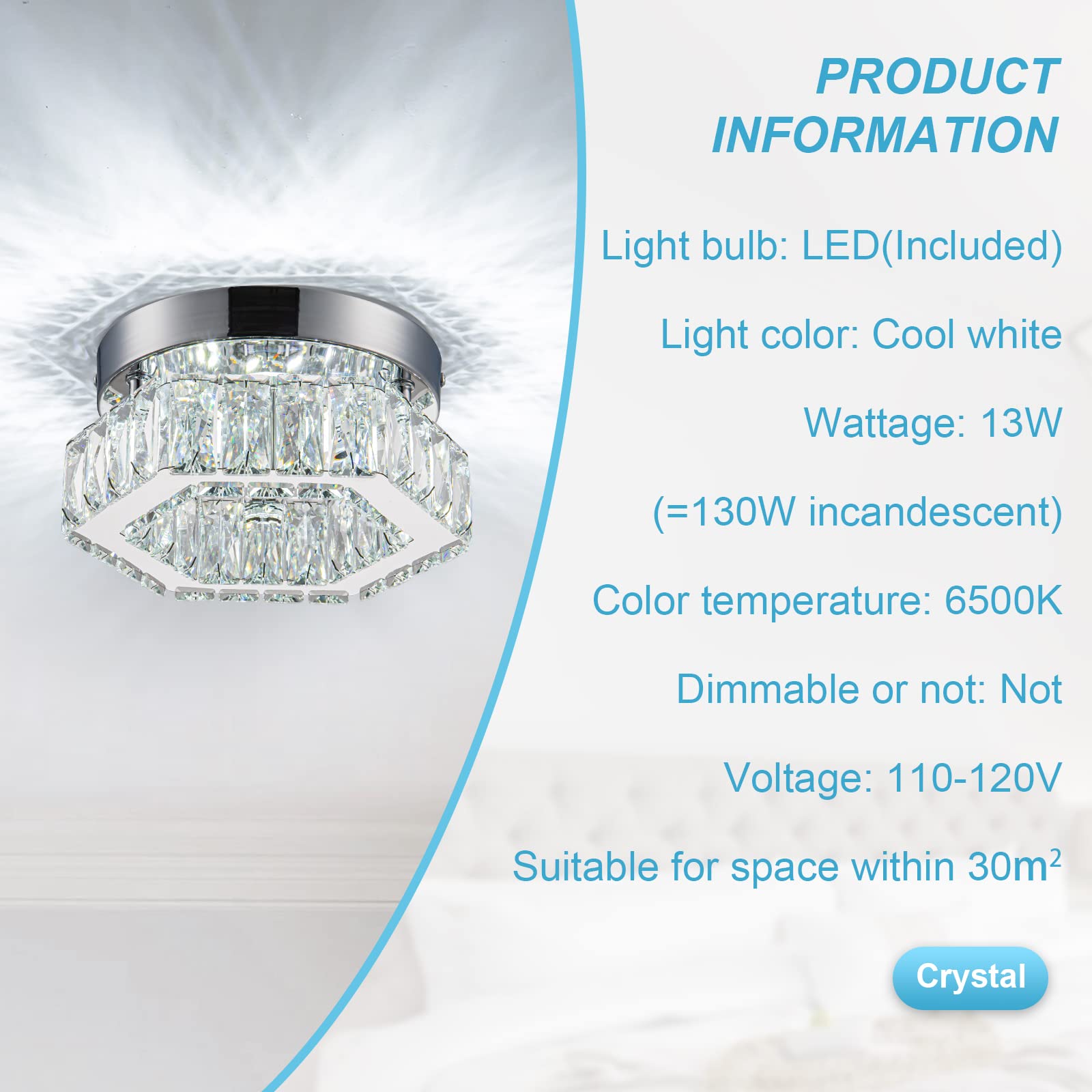 Homlaiting Mini Crystal Chandelier Led Flush Mount Light, Cool White For Bedroom & Kitchen