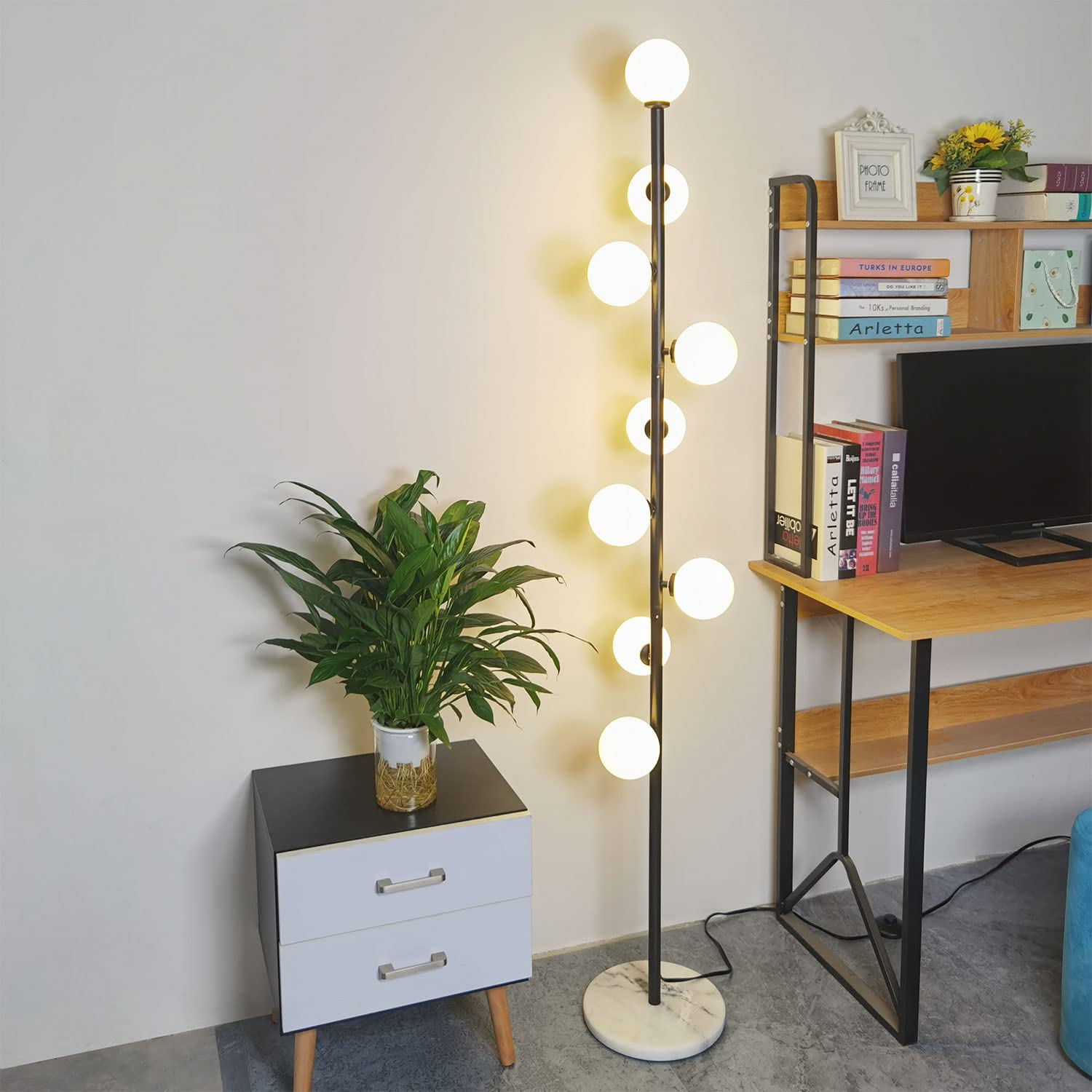 Hsyile Modern Black Floor Lamp, Globe Design, 300261 Model, Metal Material, 9 LED Bulbs, Ideal for Living Room, Bedroom, Office