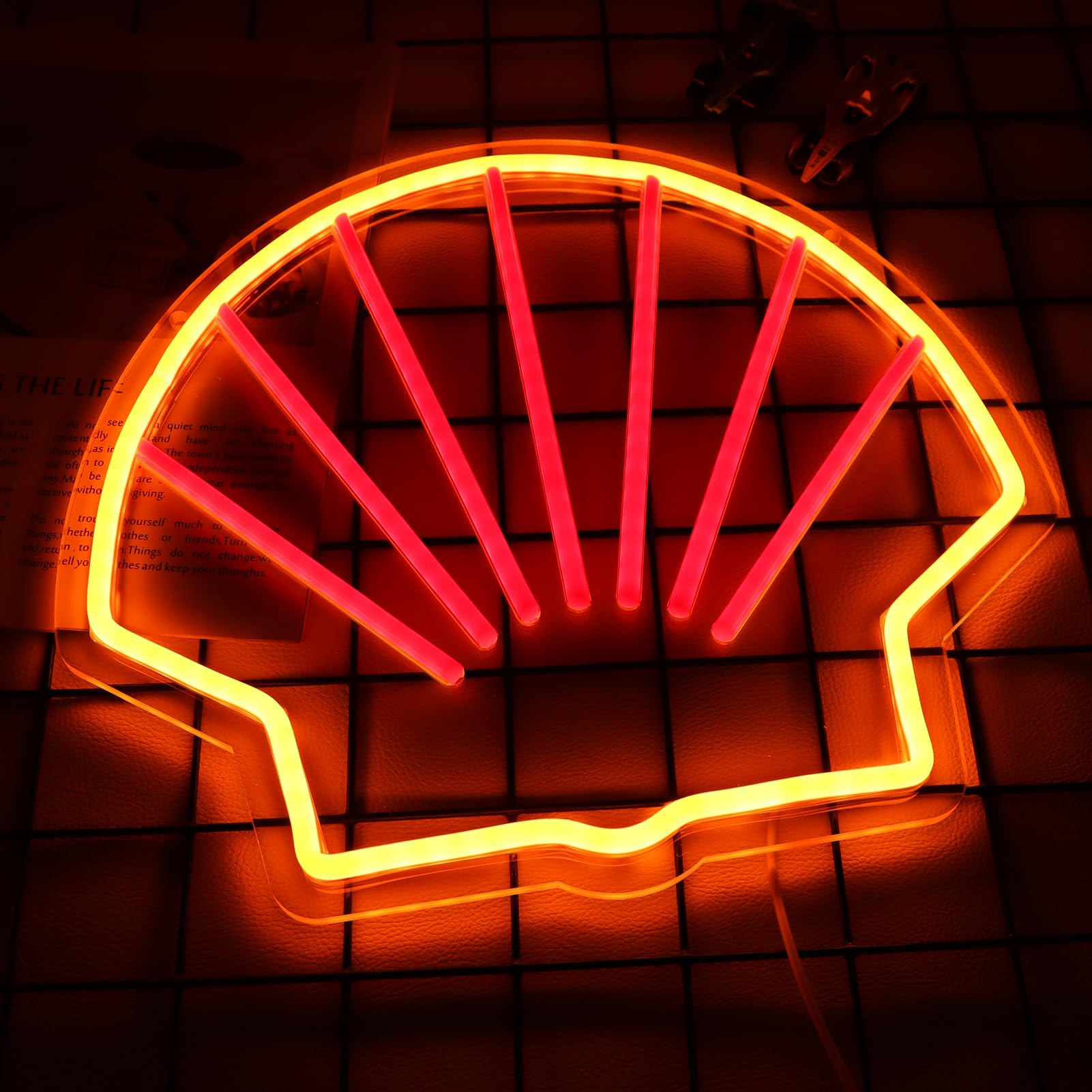 WonderfulLife Neon Shell Sign for Garage Decor, LED Wall Light, Orange and Red, Easy Hanging