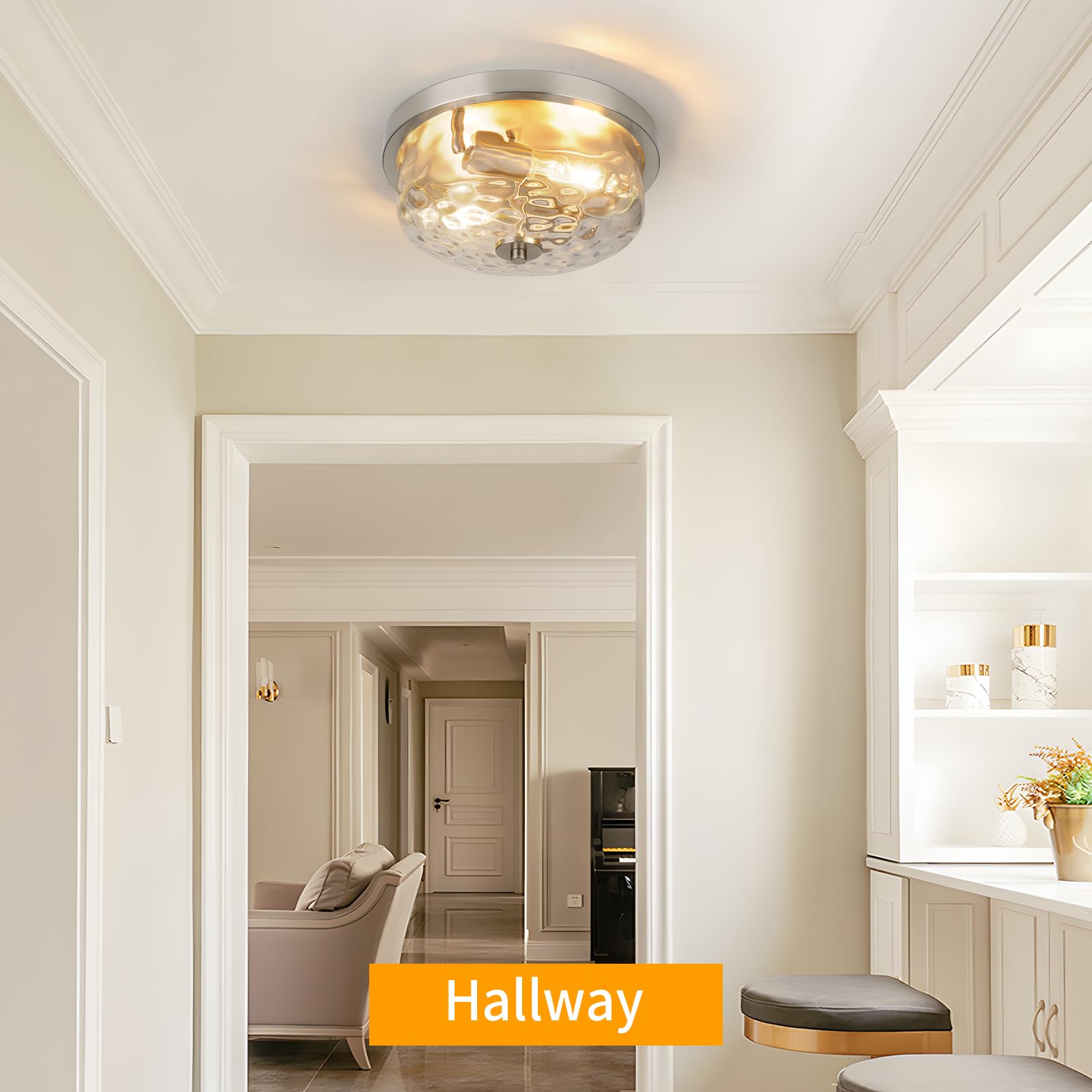 Foucasal Brushed Nickel Flush Mount Light, Kitchen Ceiling Fixture With Water Ripple Glass Shade, 2-Light Outdoor Porch Flush Mo