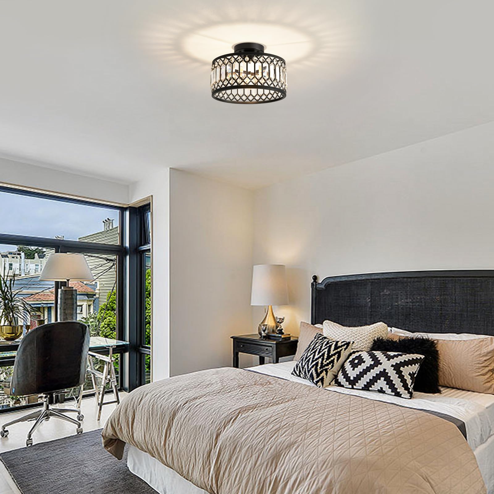 Pevfah 11.4 Black Crystal Semi Flush Mount Ceiling Light Fixture - Modern Round Lighting for Kitchen, Hallway, Bedroom, Laundry Room