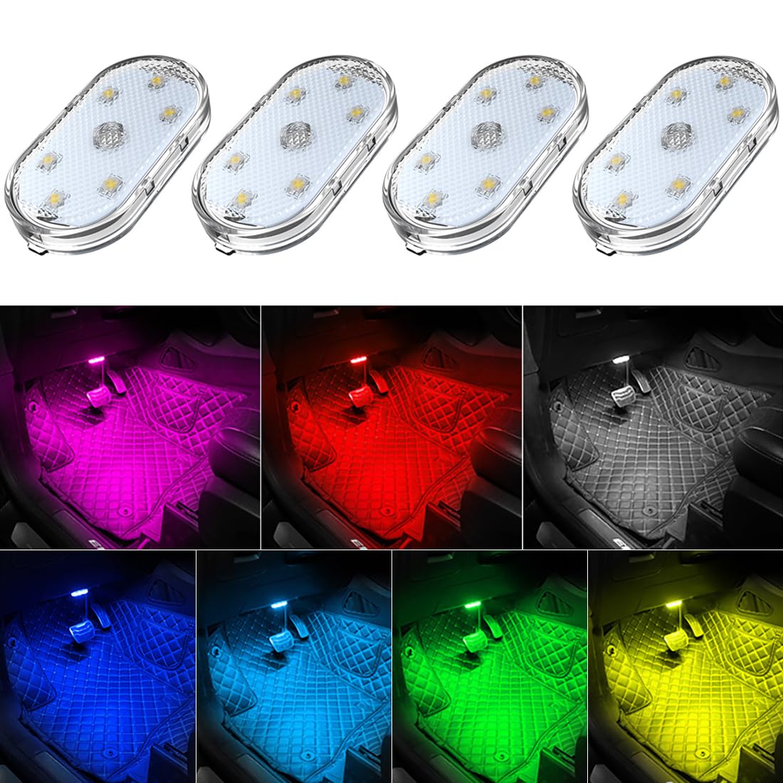 4 Pcs Car Led Lights Interior,7 Colors Ambient Lighting Car Interior,Usb Rechargeable Car Interior Reading Light,Portable Led Li