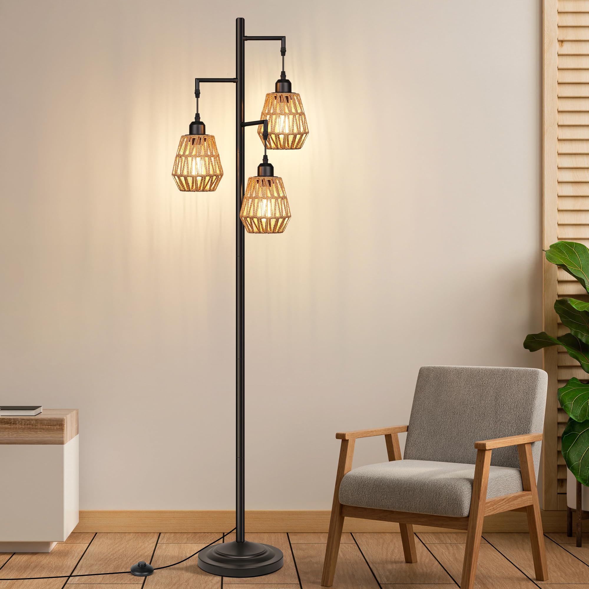 QiMH Industrial Floor Lamp - 68" Modern Rustic Standing Lamp with 3-Lights Rattan Shades, Black Metal - STR-FL-0095 for Living Room & Office