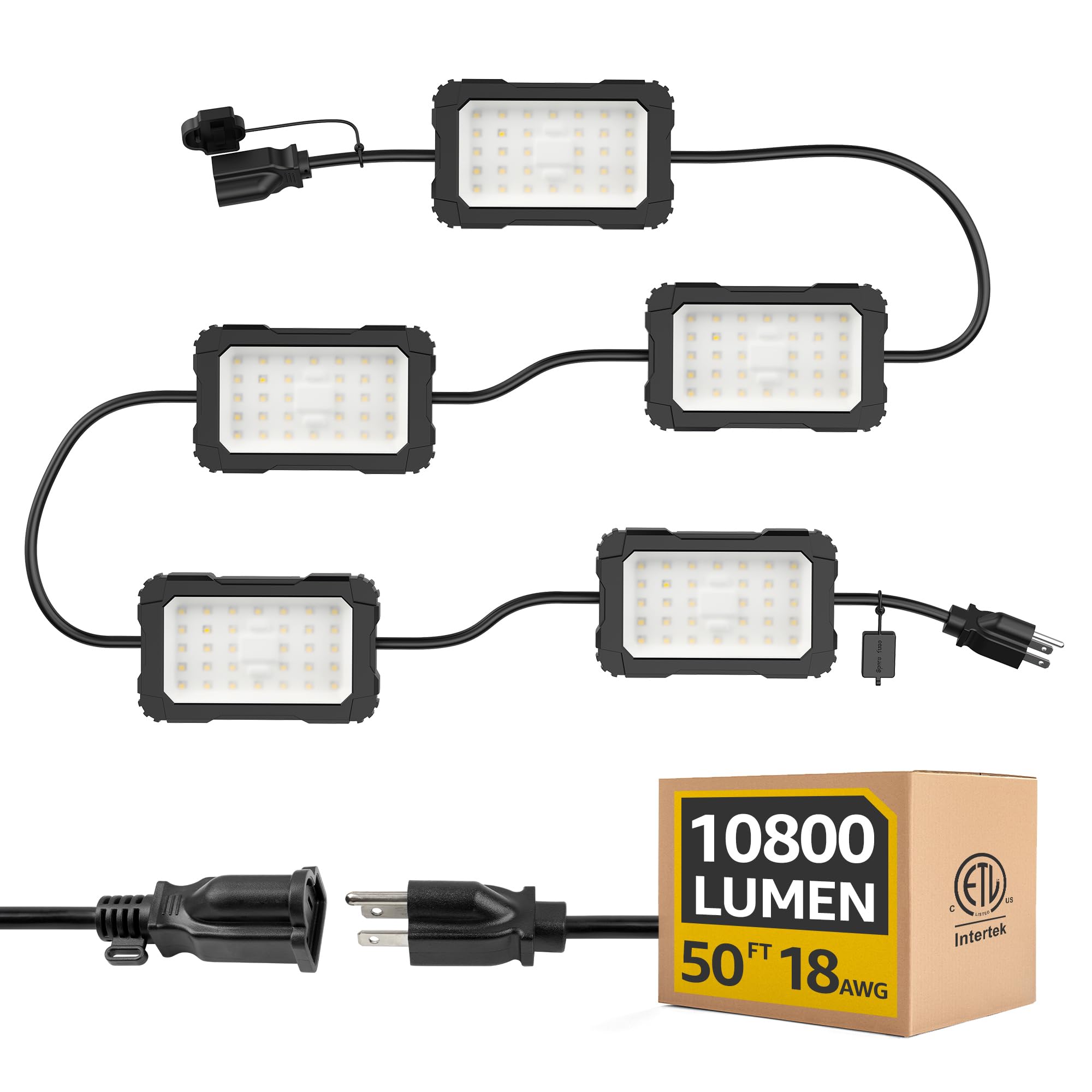 Omlite Led Work String Lights: 3 Prong Super Bright 90W 10800Lm Etl Listed Linkable Waterproof Outdoor/Indoor Temporary Hanging Lighting For Construction Attic Jobsite Garage
