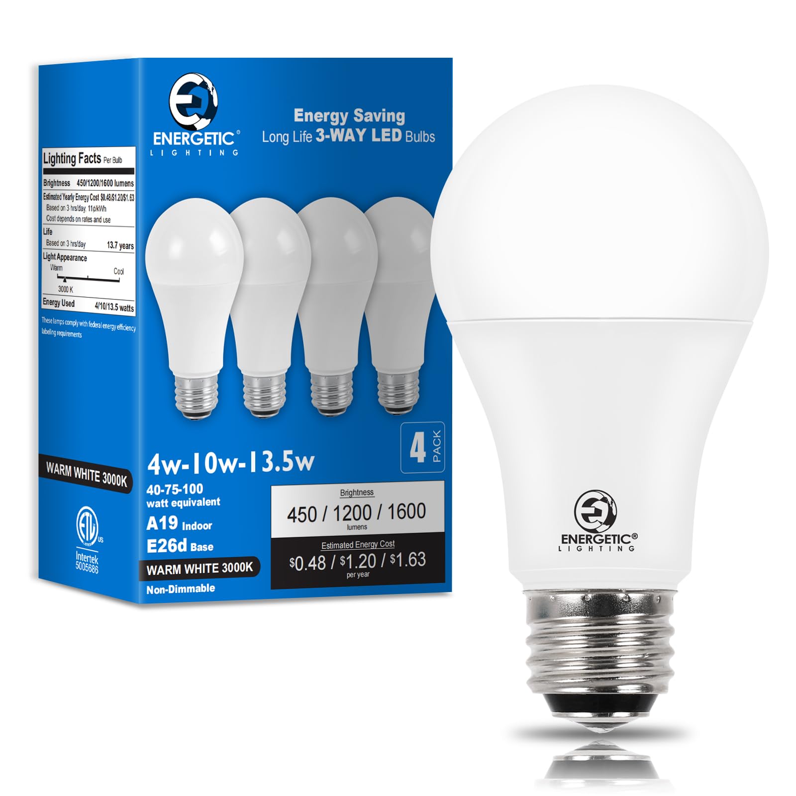 E Energetic Lighting 4-Pack 3 Way Led Light Bulbs 40 75 100W Equivalent, Warm White 3000K A19 3 Way Light Bulb, E26 Base, 450-12
