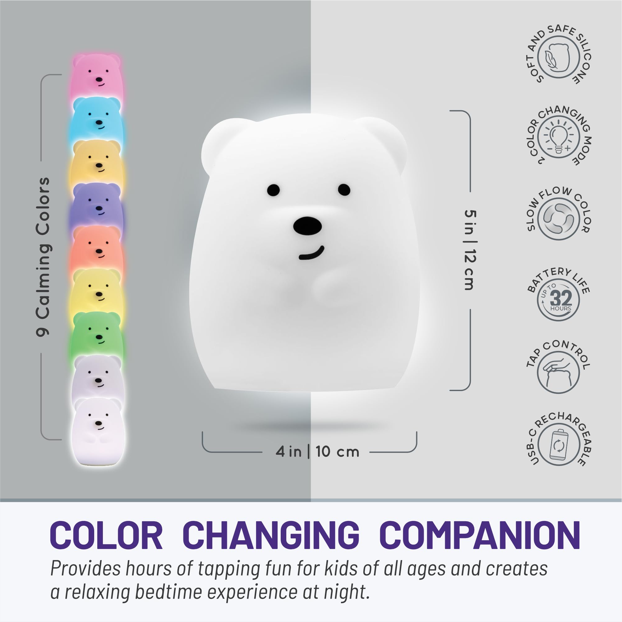 Lumipets Bear Night Light - Silicone Animal Lamp for Kids, Kawaii Design