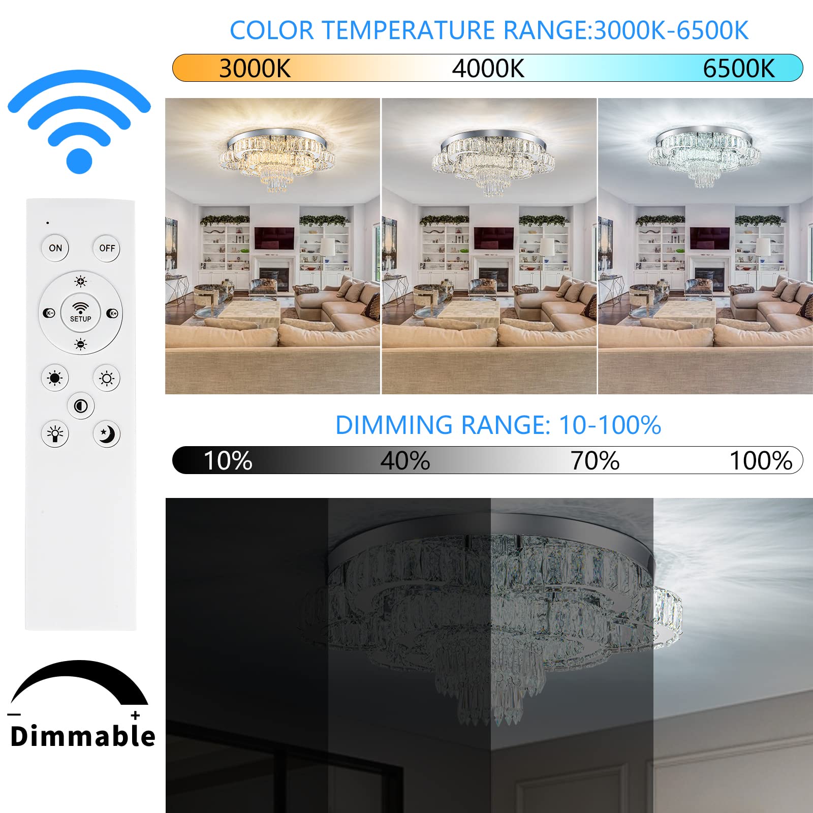 Hongnuofc 21 Inch Crystal Chandeliers With Remote Control Led Chandelier Modern Mount Flush Mount Chandelier Ceiling Light Fixtu
