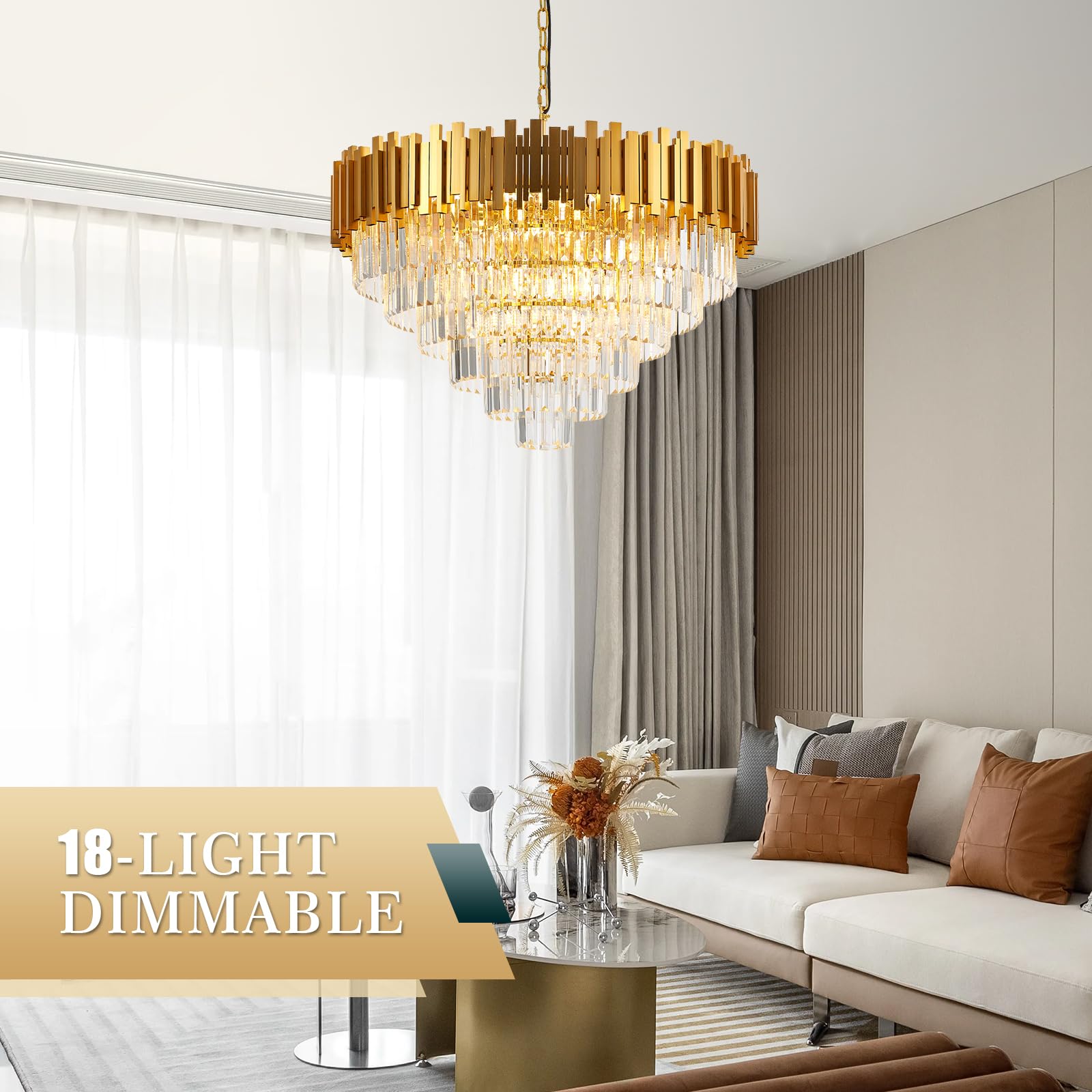 Brfaixla 18-Lights 6 Tiers Gold Crystal Chandeliers stylish 31.5 Modern Crystal Pendant Chandelier Round Hanging Lighting For Living Room Foyer High Ceiling Bedroom Restaurant