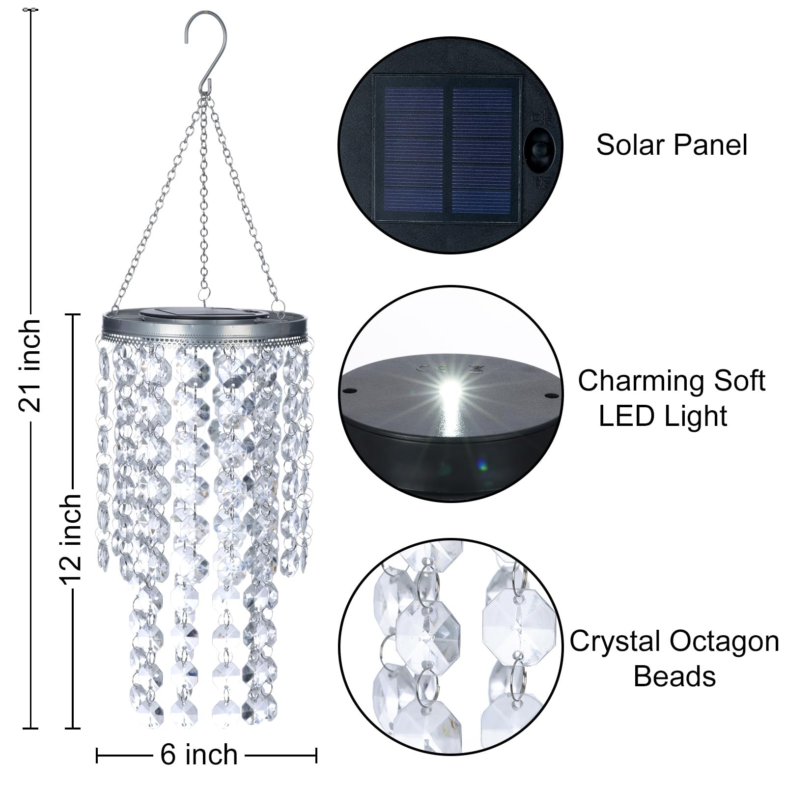 Hanging Solar Crystal Chandelier Outdoor, 21    Modern Solar Transparent Acrylic Beaded Lantern With Cool White Led S Hooks For
