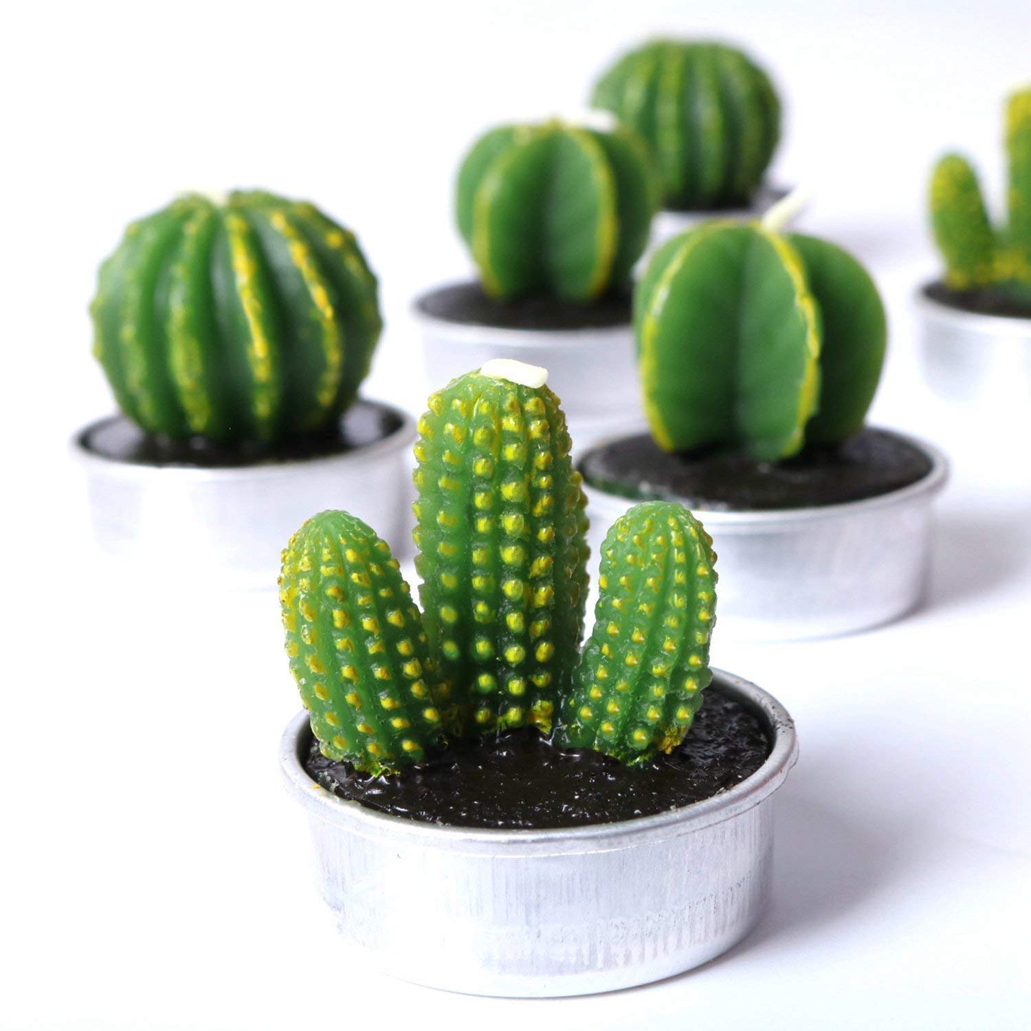 COCOMOON Cactus Tea Light Candles, 6 Pcs Decorative Candles with Artificial Succulents, Unscented, 30 min Burn Time, Modern Desi