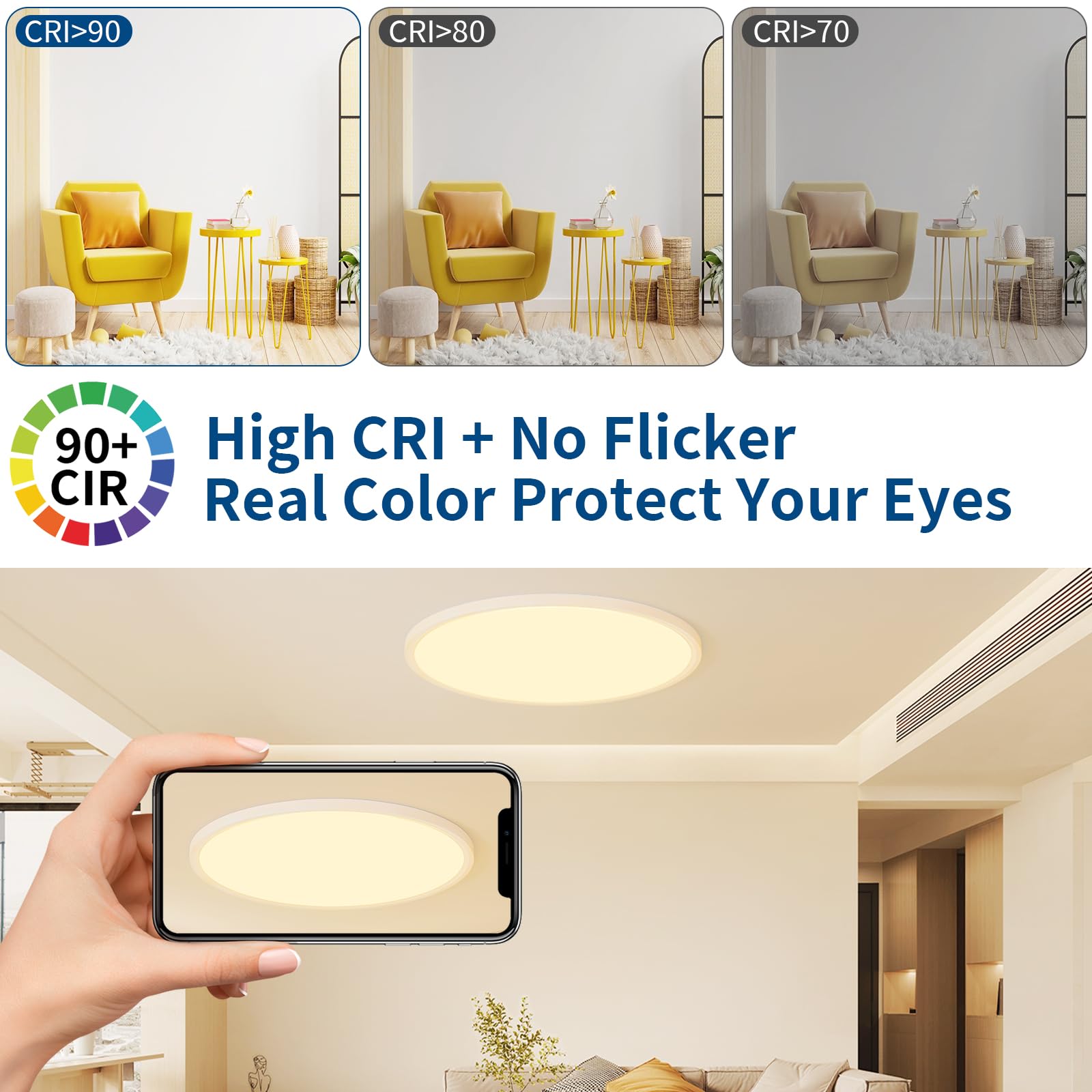 Glowall Modern 24'' Led Ceiling Light Fixture, Ultra Thin Flush Mount, Dimmable & 3000K/4500K/6000K Selectable, 48W 6000Lm, Whit