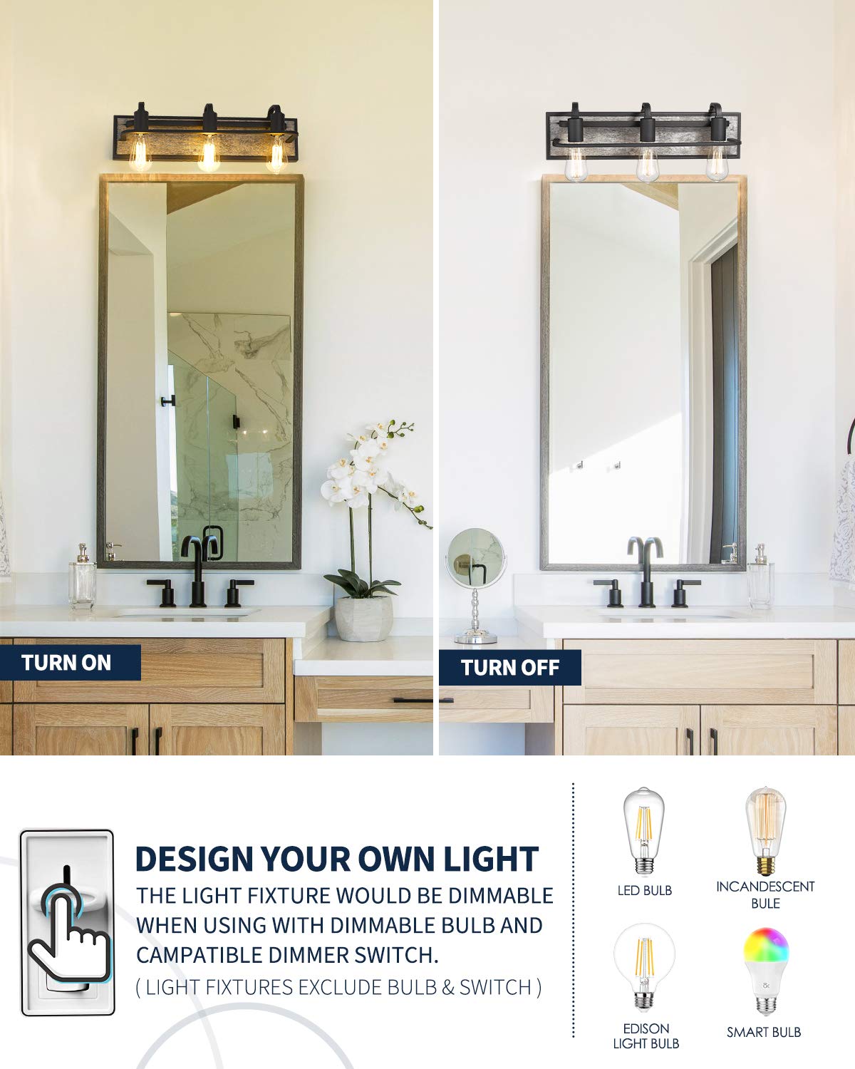 Hanass 21.25" White Wood Bath Vanity Light Fixture - Black Metal Over Mirror Lighting