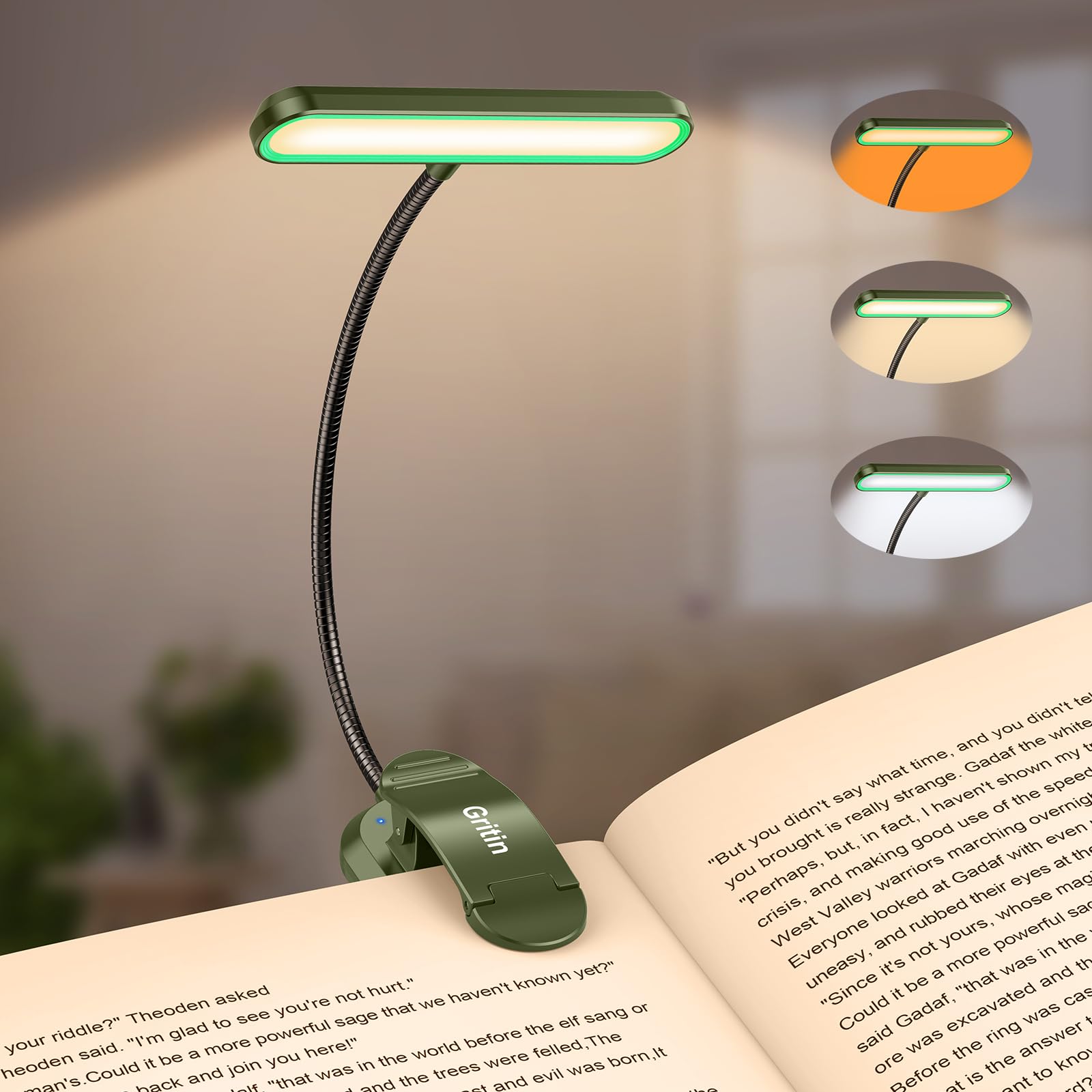 Gritin Rechargeable Book Light, 19 LED, 3 Color Temperatures, 5 Brightness Levels, Flexible Goose Neck, Deep Green, Model G1321