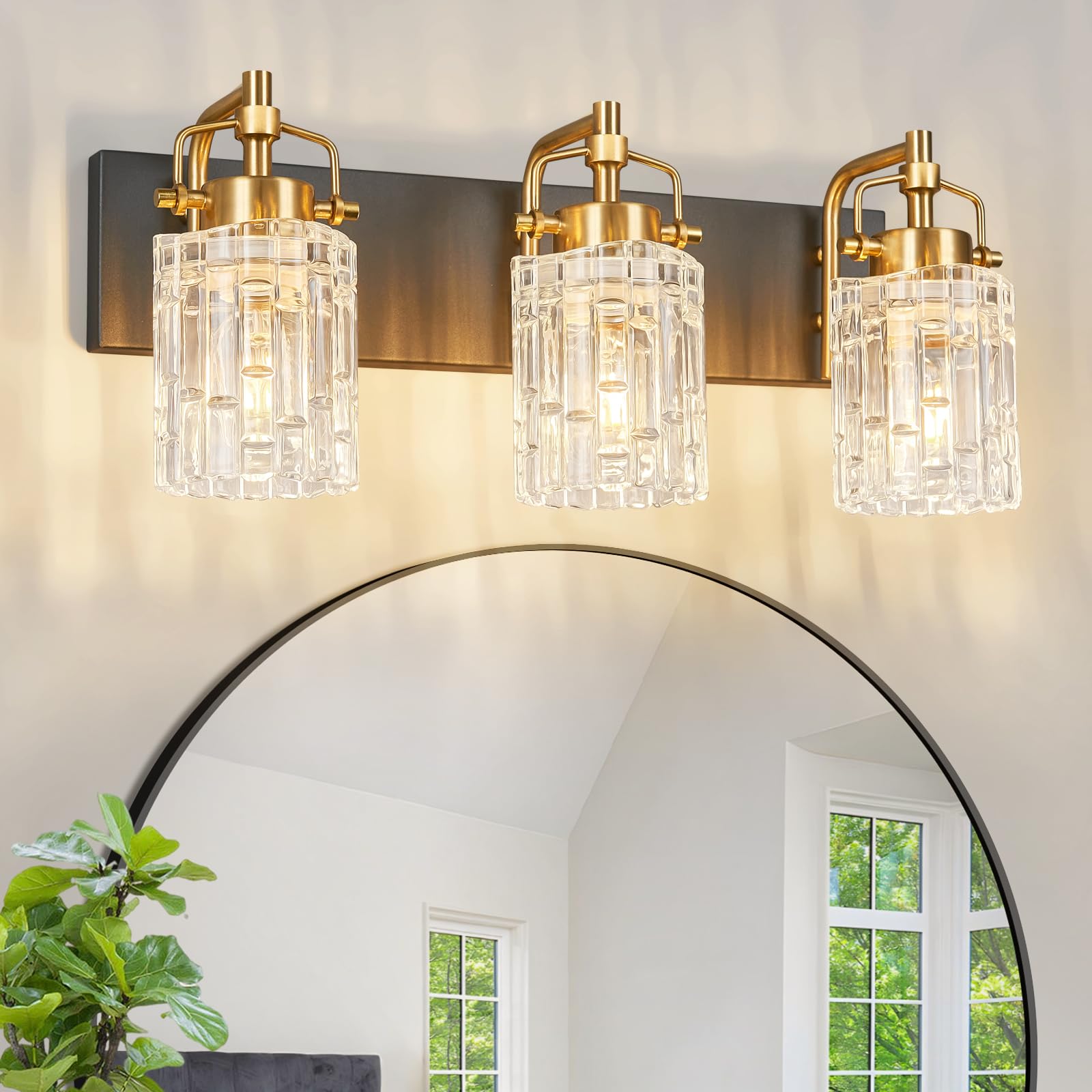 BNHHLZ 3-Light Bathroom Vanity Light Modern Black Gold Metal Fixtures Model 4132 with Crystal Glass Shade