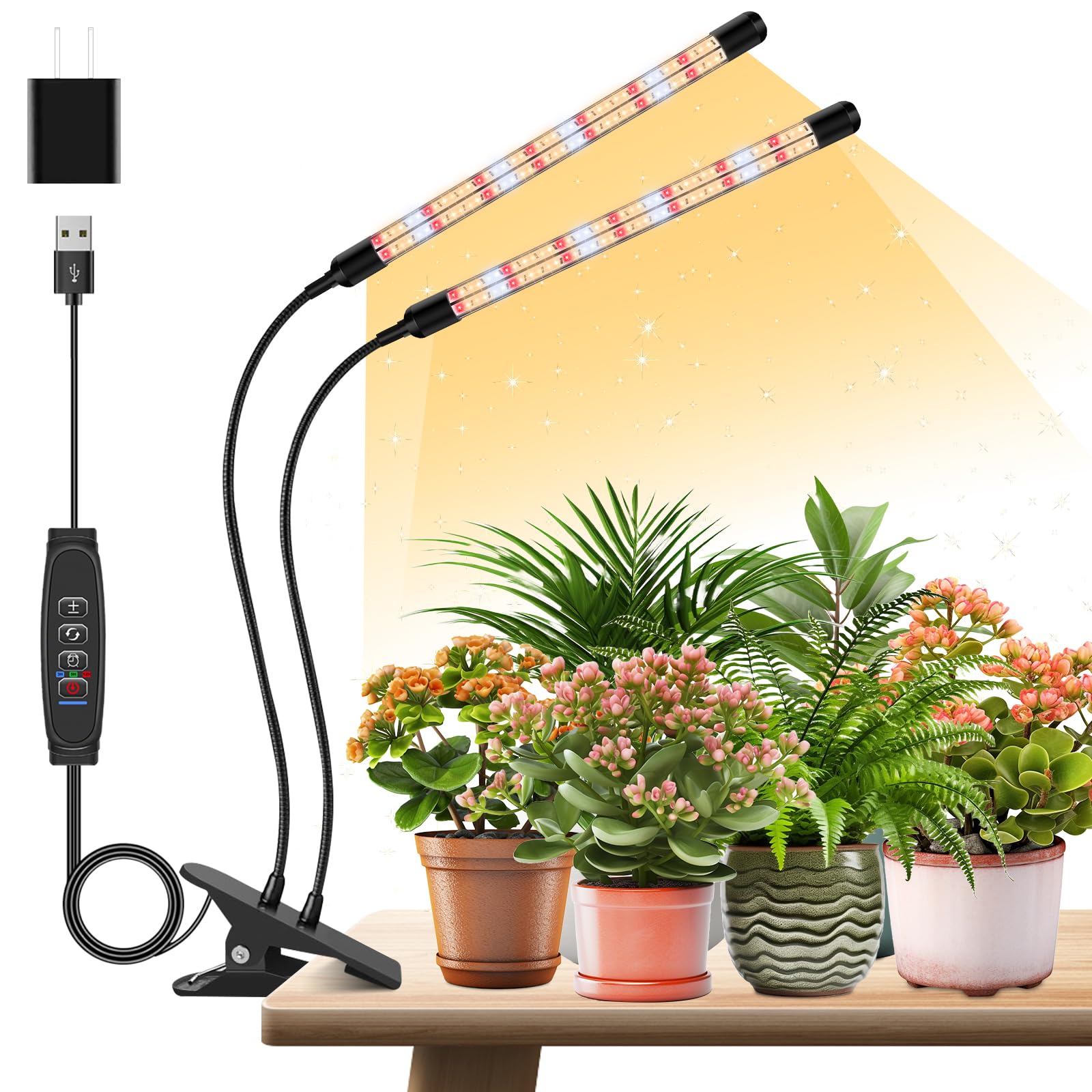 Lpmzmbl 2 Heads Clip Grow Light With V-Shaped Design, Full Spectrum Grow Lights For Indoor Plants, Adjustable 360° Gooseneck Grow Lamp, 3/9/12H Timer & 10 Dimming Levels For Seed Starting