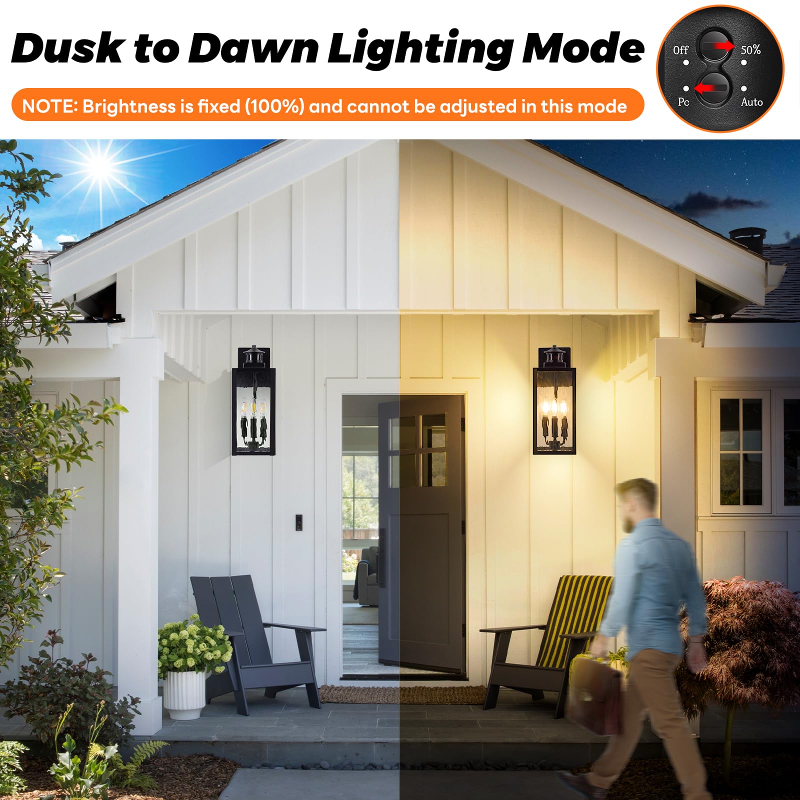 Large Motion Sensor Outdoor Wall Light, Black Exterior Wall Sconce Light Fixtures With Water-Rippled Glass, Waterproof Modern Ou