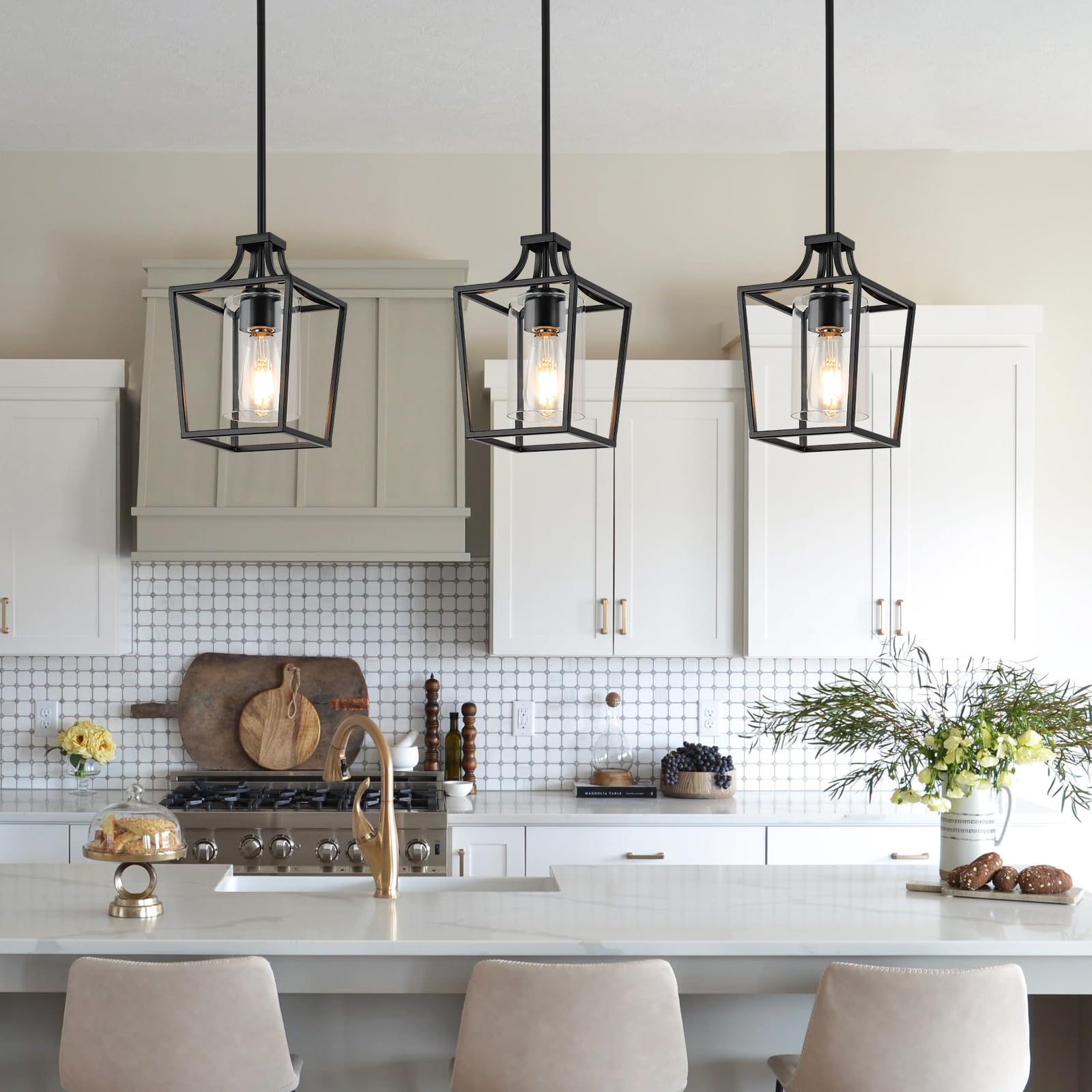 Foucasal Black Pendant Light Fixture Lantern With Clear Glass Shade, Adjustable Height Rods For Kitchen Island, Dining Room, Kit