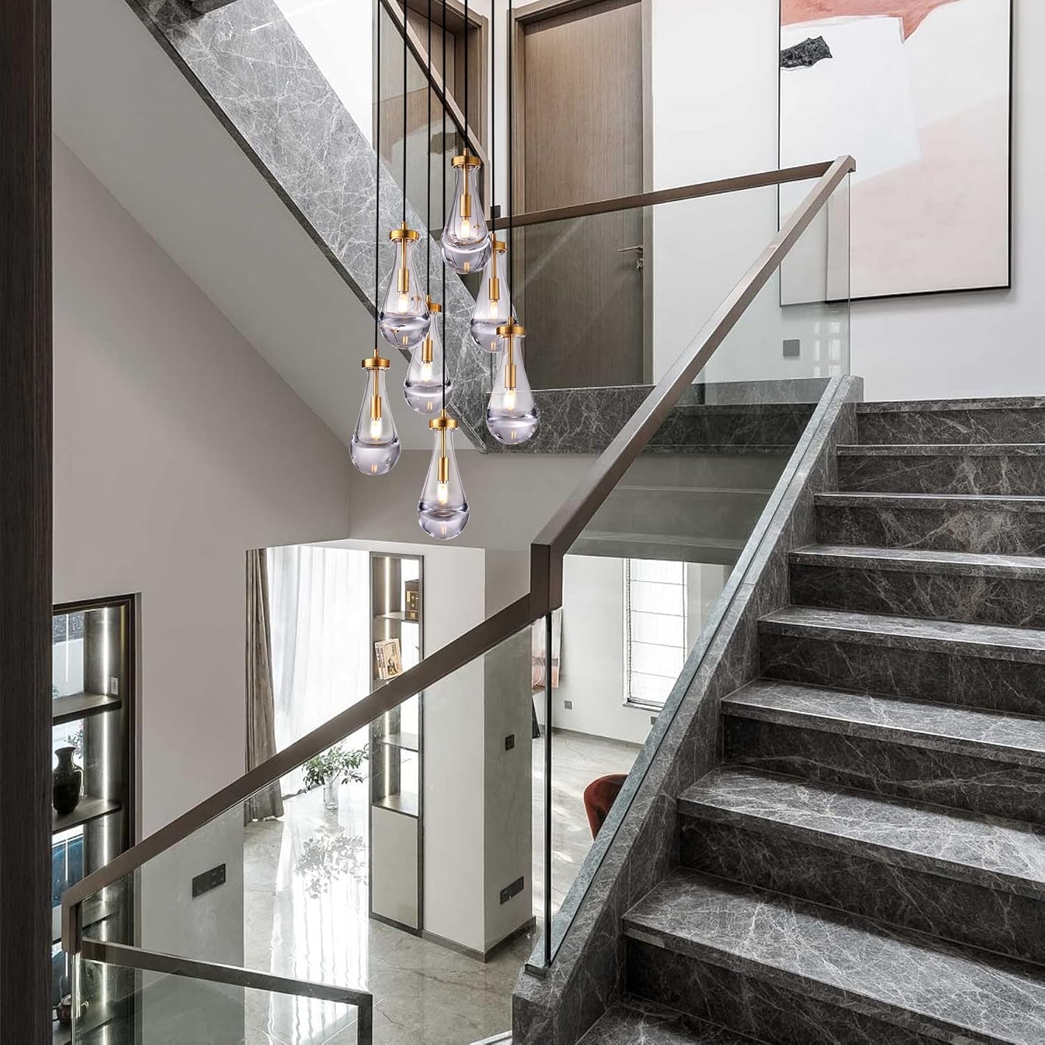 Joyunleo 7 Light Raindrop Chandeliers  Brass Teardrop Cluster Pendant Lights Kitchen Island  Gold Dining Room Chandeliers Over Table Hanging Pendant Lighting For High Ceiling  Entryway Staircase