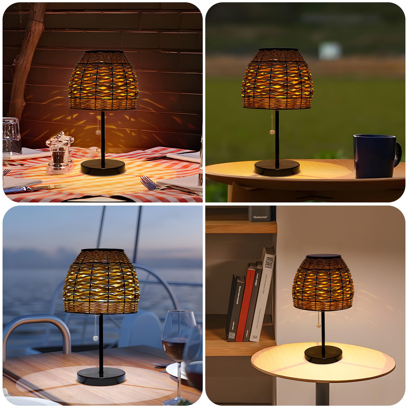 Livinlarge Outdoor Solar Table Lamp,3 Color Temperatures Bedside Lamps With Usb-C Ports,Boho Desk Lamps Pull Chain Table Lamps W