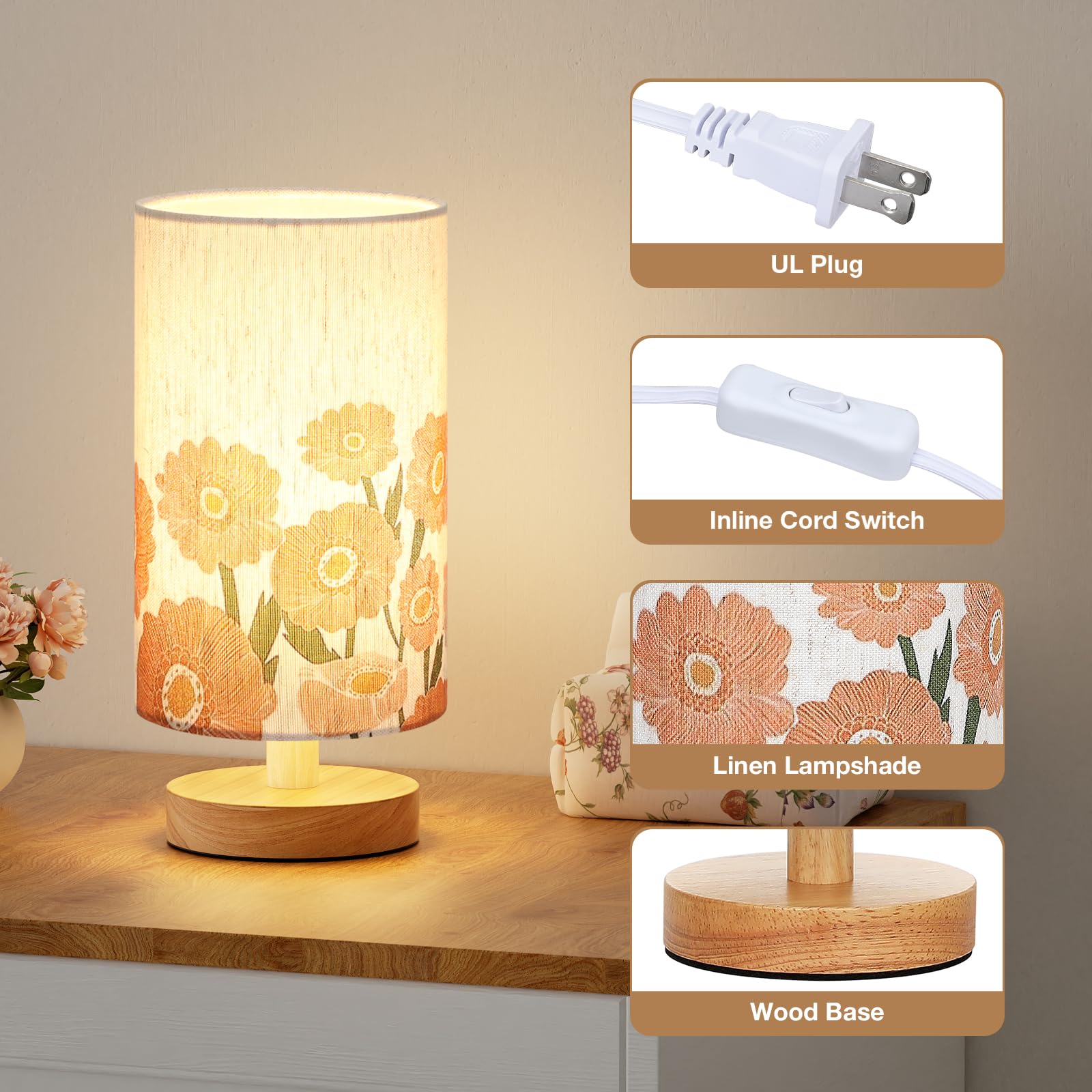 Fenmzee Sunflower Table Lamp For Bedroom - Inline Control, Small Bedside Lamp With 3000K A15 Led Blub, Easy Assembly (Sunflower