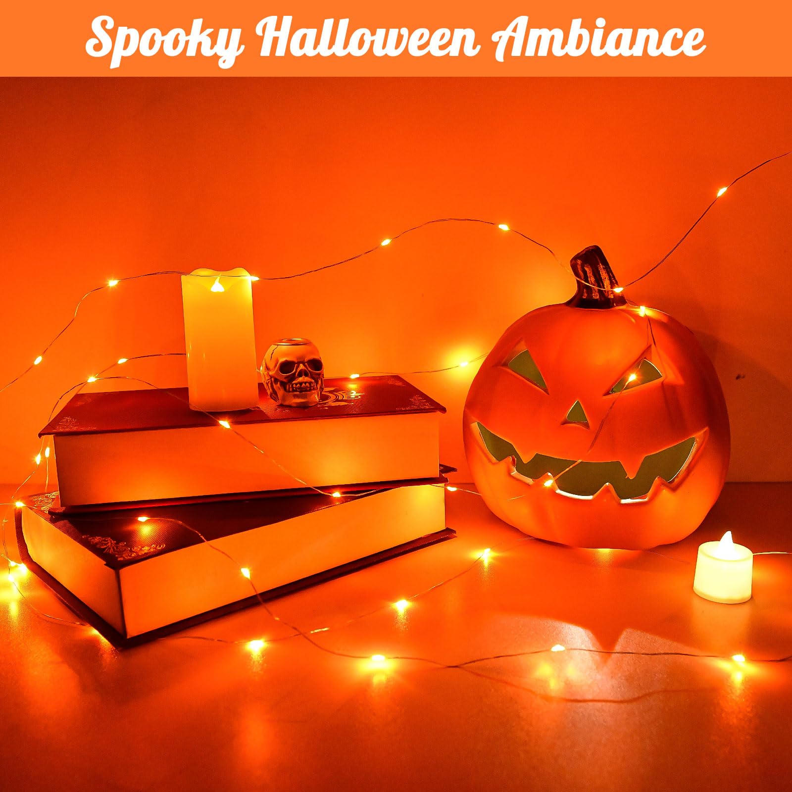 Cshare Halloween String Lights Outdoor Waterproof, Orange Solar Fairy Lights 16.4Ft 50Led 8 Modes Orange Halloween Lights For Yard Outside Pathway Patio Party Backyard Decorations