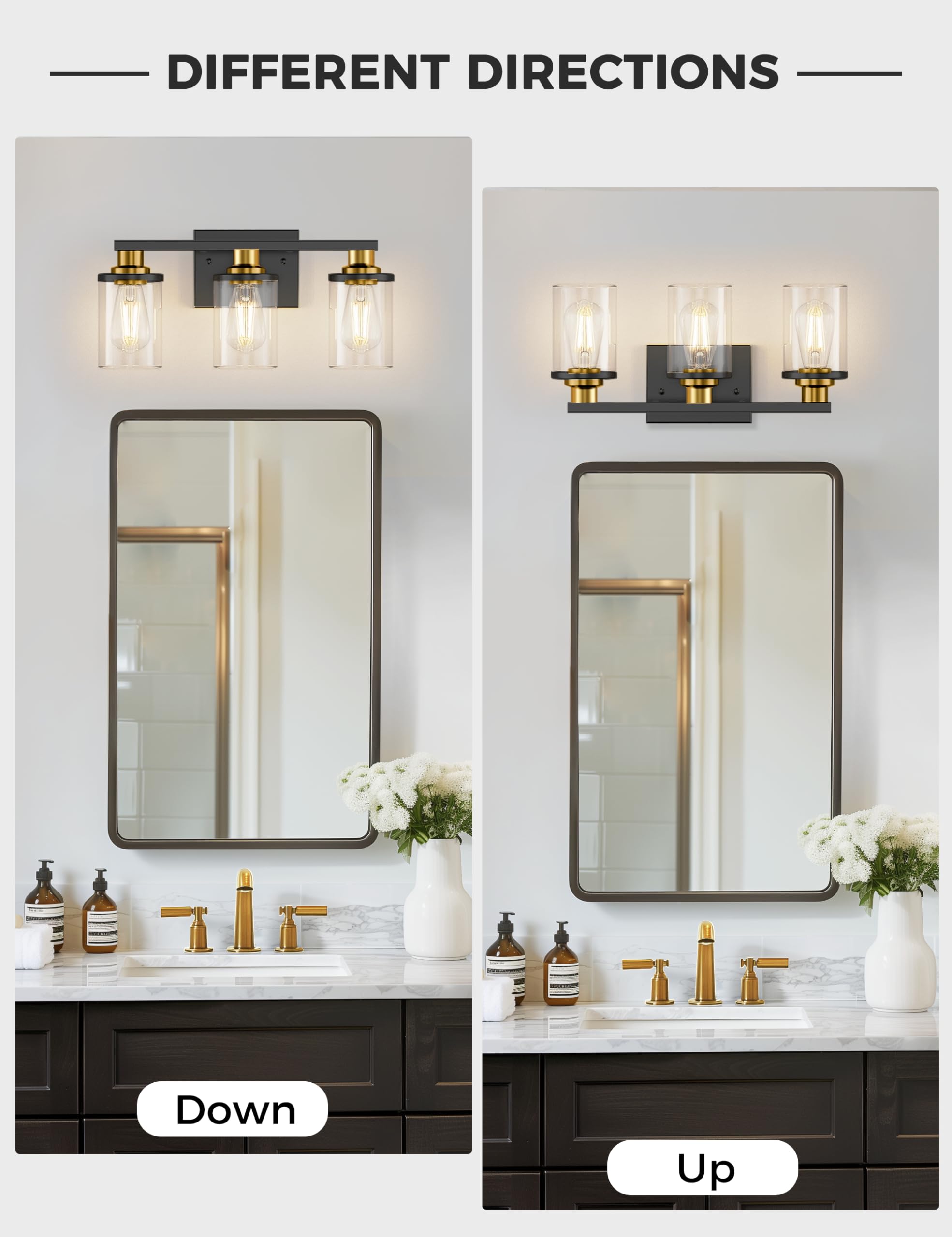 L LOHAS LED 3-Light Bathroom Light Fixtures, Black and Gold, Modern Design, Glass Shade, ETL Listed, Model USA-LK-JQ00501CGB
