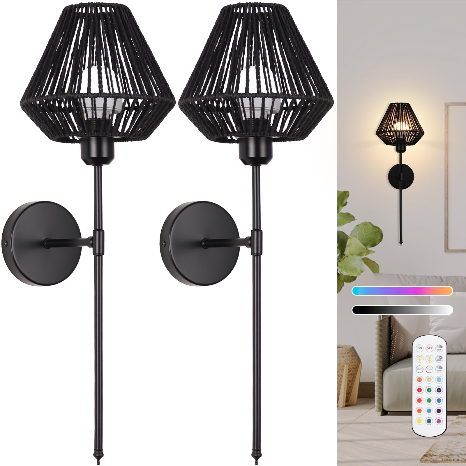 Ovyiech Wall Sconces Set of 2, Dimmable Rattan Rechargeable Light with Remote, 15 Color Changing, Black, Model YH8803H