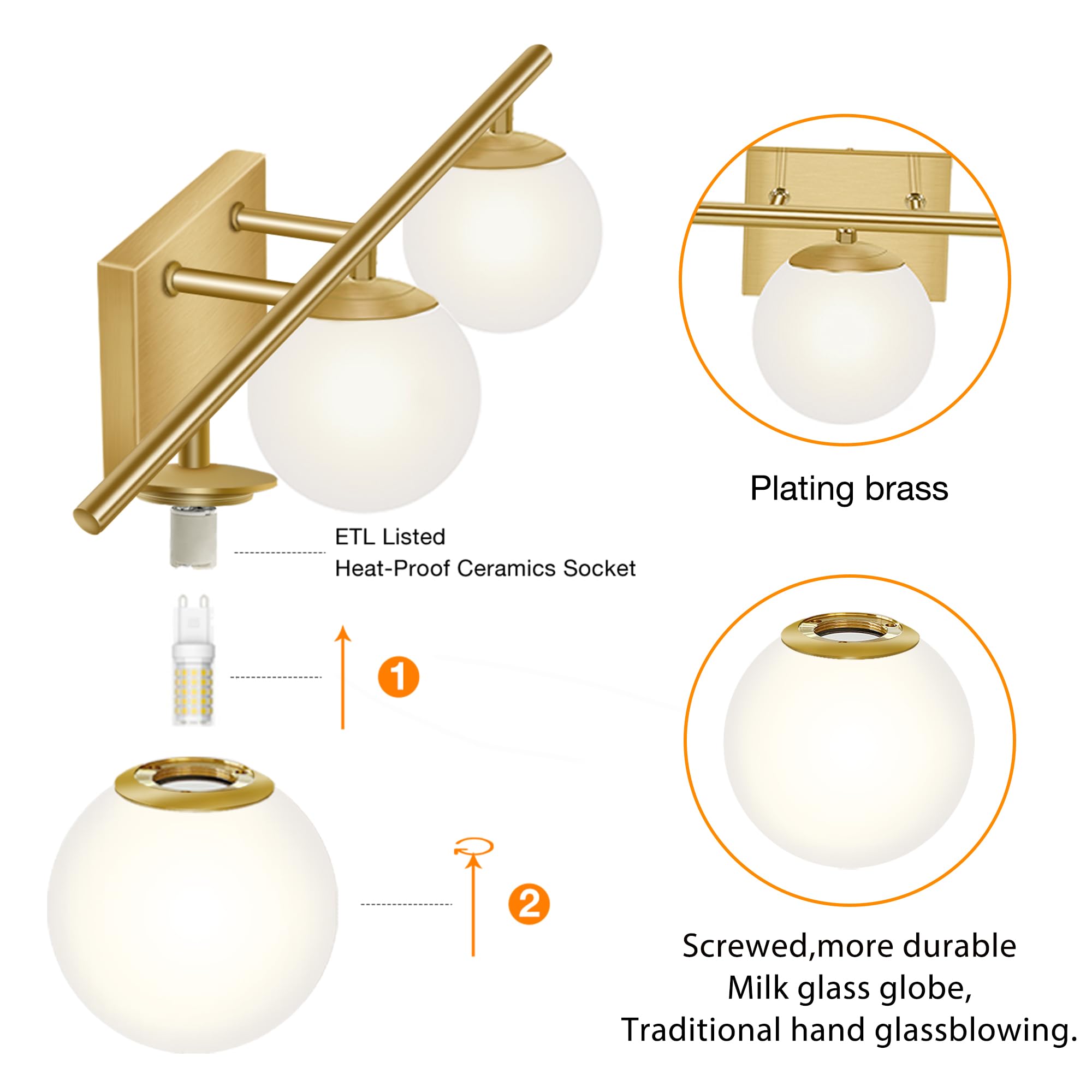 YHTlaeh New Bathroom Vanity Light 3 Lights Fixtures Brushed Brass Milk White Globe Glass Shade Modern Wall Bar Sconce Over Mirro