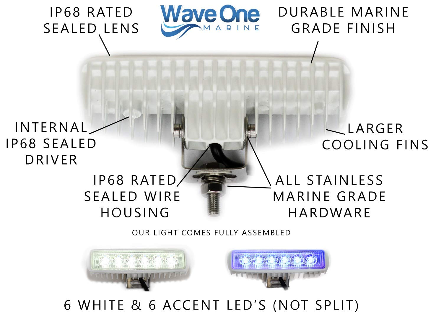 Wave One Marine Dual Color Led Boat Spreader Light Deck Flood Beam Stainless Hardware & Bracket Ip68 Waterproof Multicolor Bright High Lumen Output (White Housing, White & Blue)