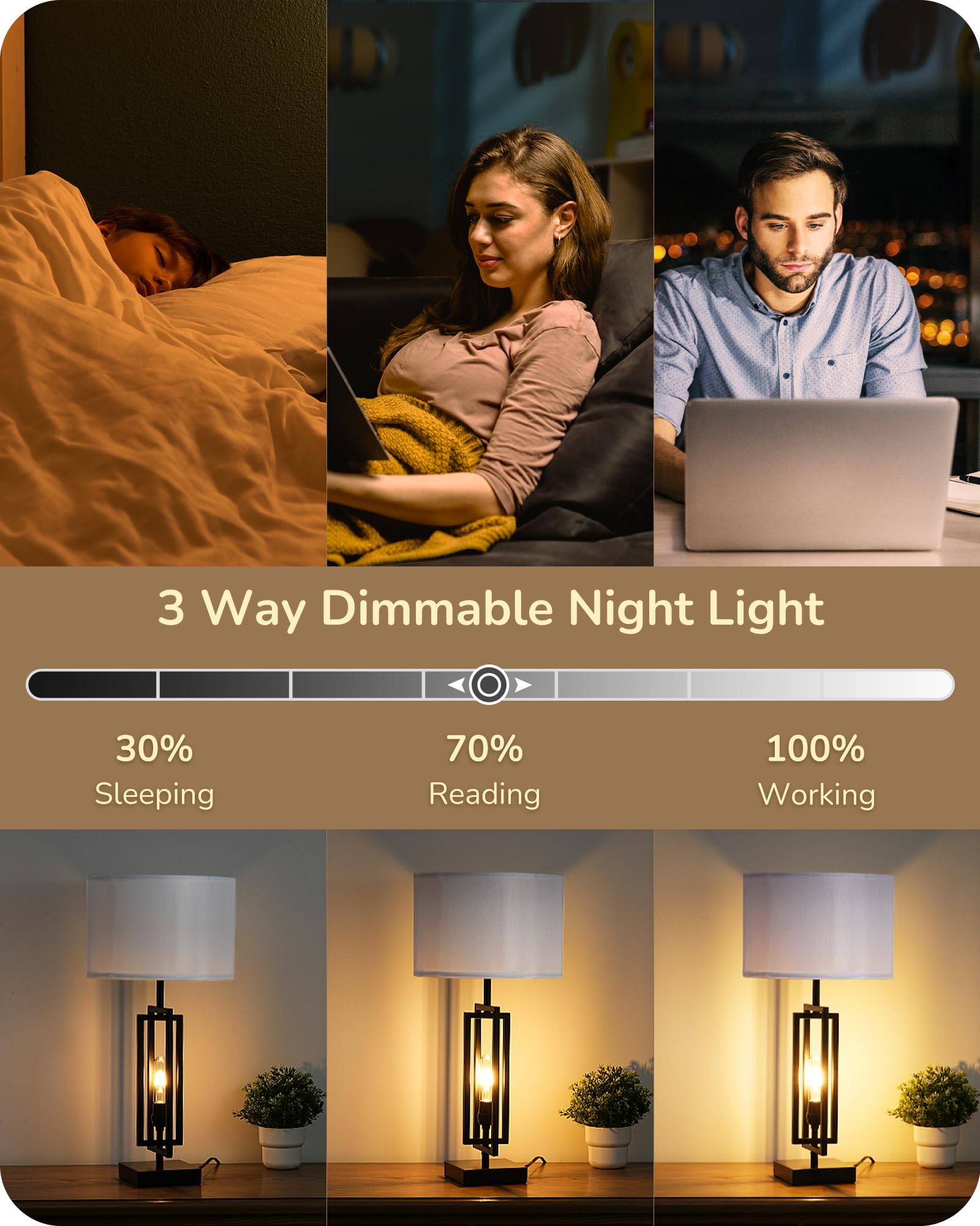 EDISHINE 25.6 Tall Table Lamp with Night Light, Farmhouse Bedside Lamp Set of 2 with USB Charging Ports, Touch 3-Way Dimmable Ni