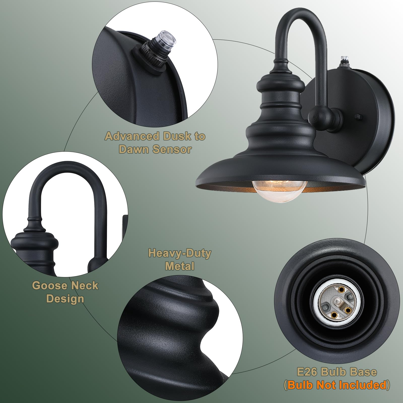 Lonedruid Black Metal Outdoor Wall Sconce With Dusk To Dawn Sensor, Waterproof Gooseneck Barn Light For Porch, Garage, Entryway