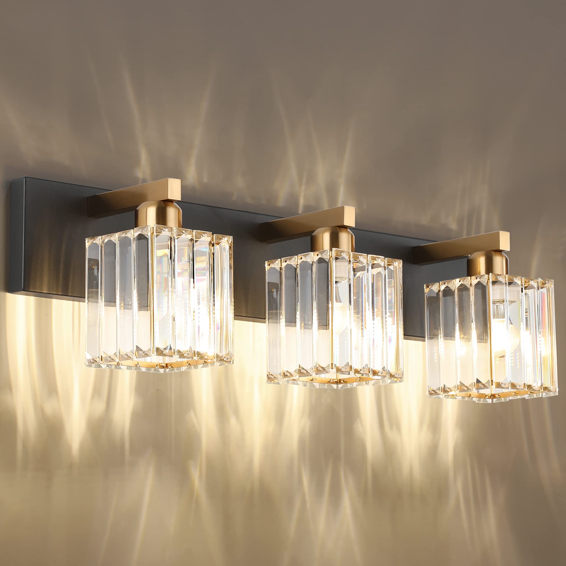 Aipsun 3-Light Vanity Light Fixtures, Black Brass Square Shade, Aluminum, Model 8461, Modern Bathroom Lighting