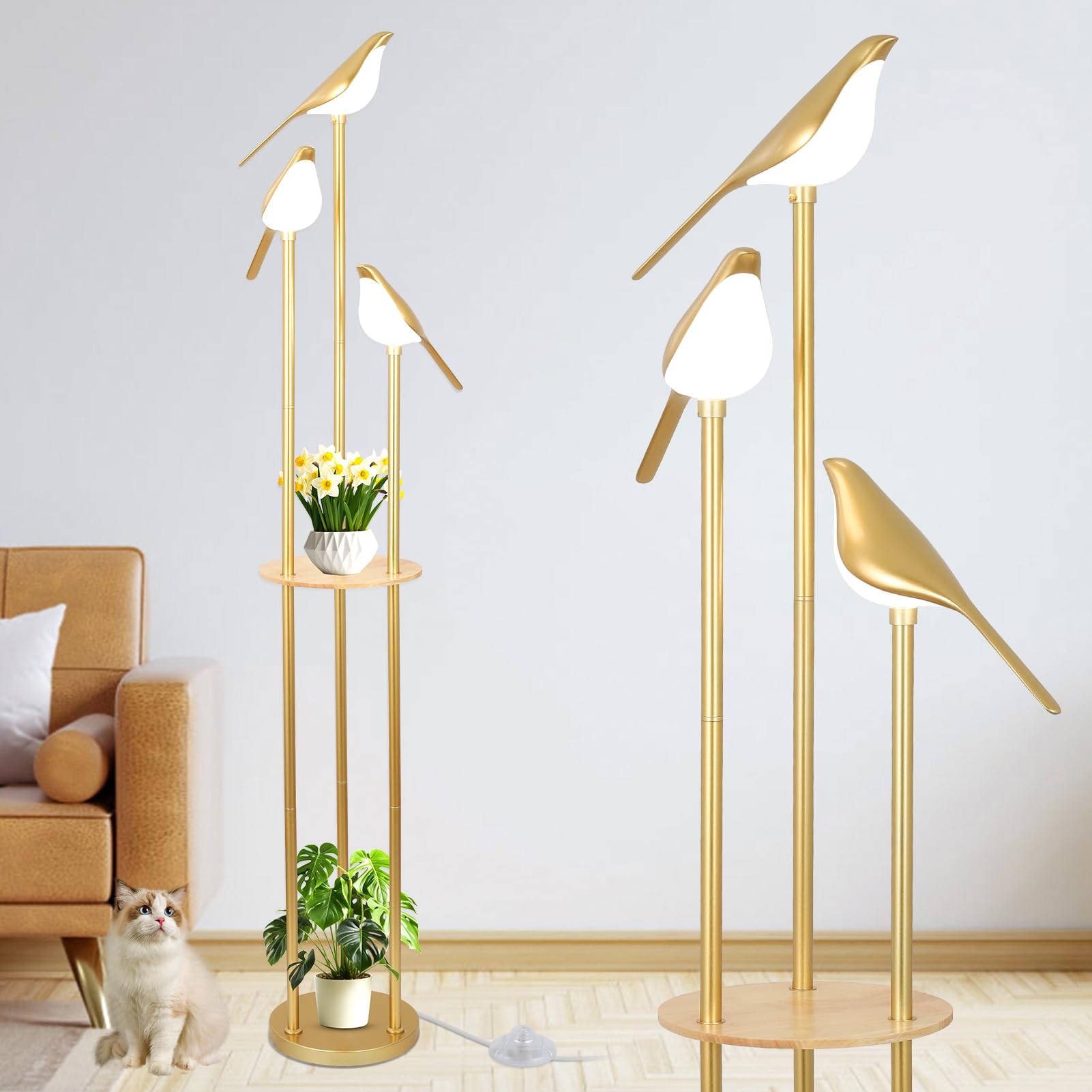 Gold Floor Lamps for Living Room, Modern Floor Lamp with Shelves, Mid Century Standing Lamp with 3 Adjustable LED Bird Lights, C