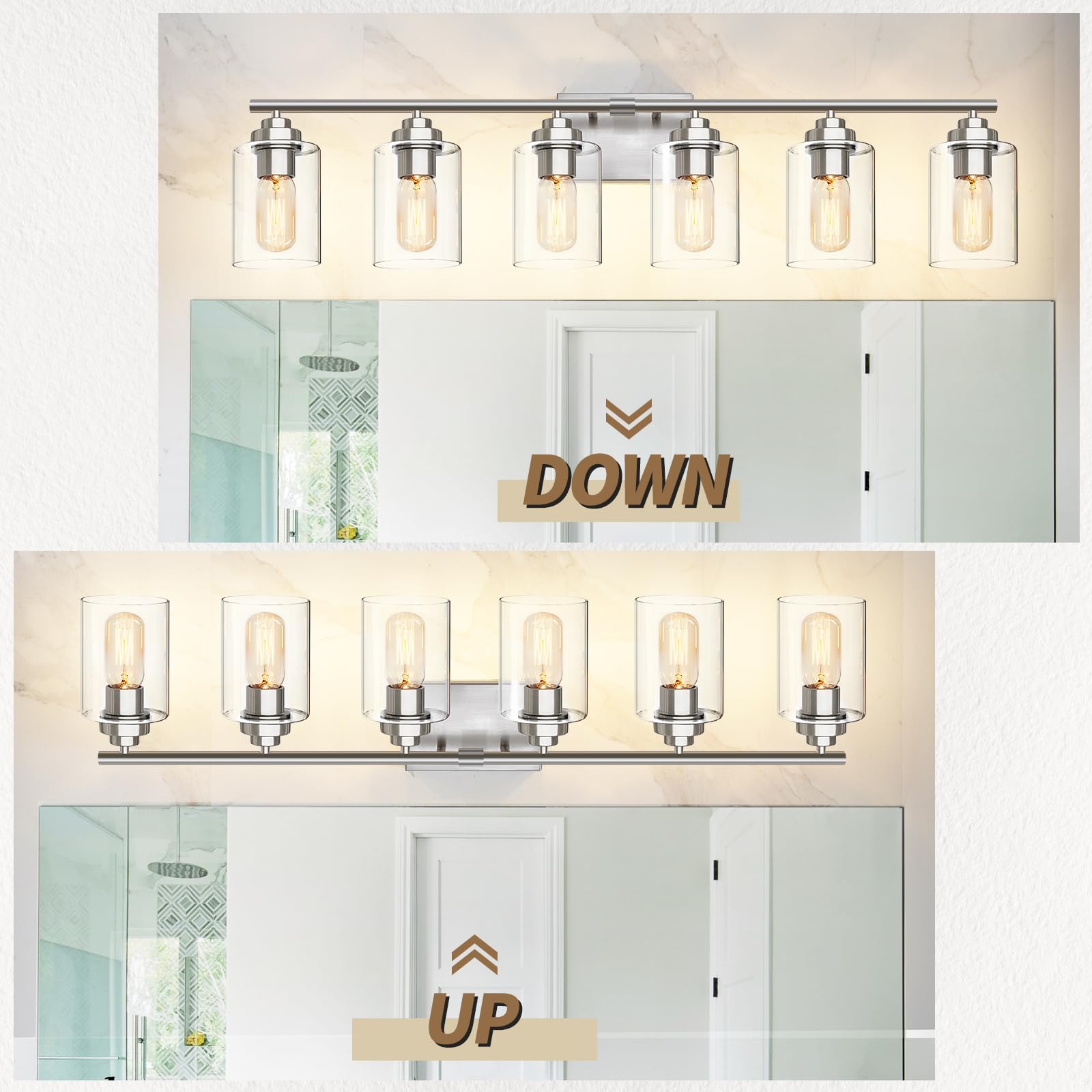 SKEJAO 6-Light Bathroom Vanity Light Fixture, Nickel Glass Wall Sconce for Bedroom & Living Room, Model SK111