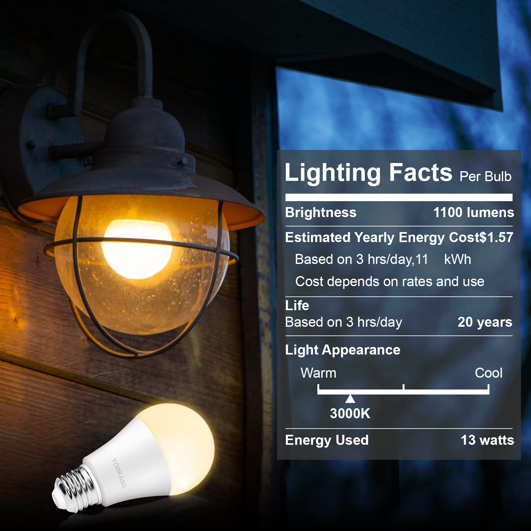 Torkase Outdoor Dusk To Dawn Light Bulbs, No Timer Required, 12W(100W Equivalent), 3000K Warm White, E26 A19 Automatic Sensor Led Bulb, Built-In Photocell Detector For Boundary Garage Patio, 2 Pack