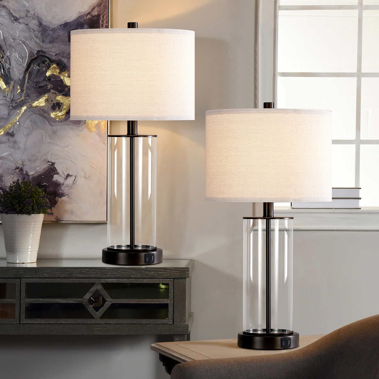 Kyrid Glass Table Lamp Set of 2, 23.5" with USB Ports & AC Outlets, Painted Bronze Finish, Bulbs Included, Model HK21193