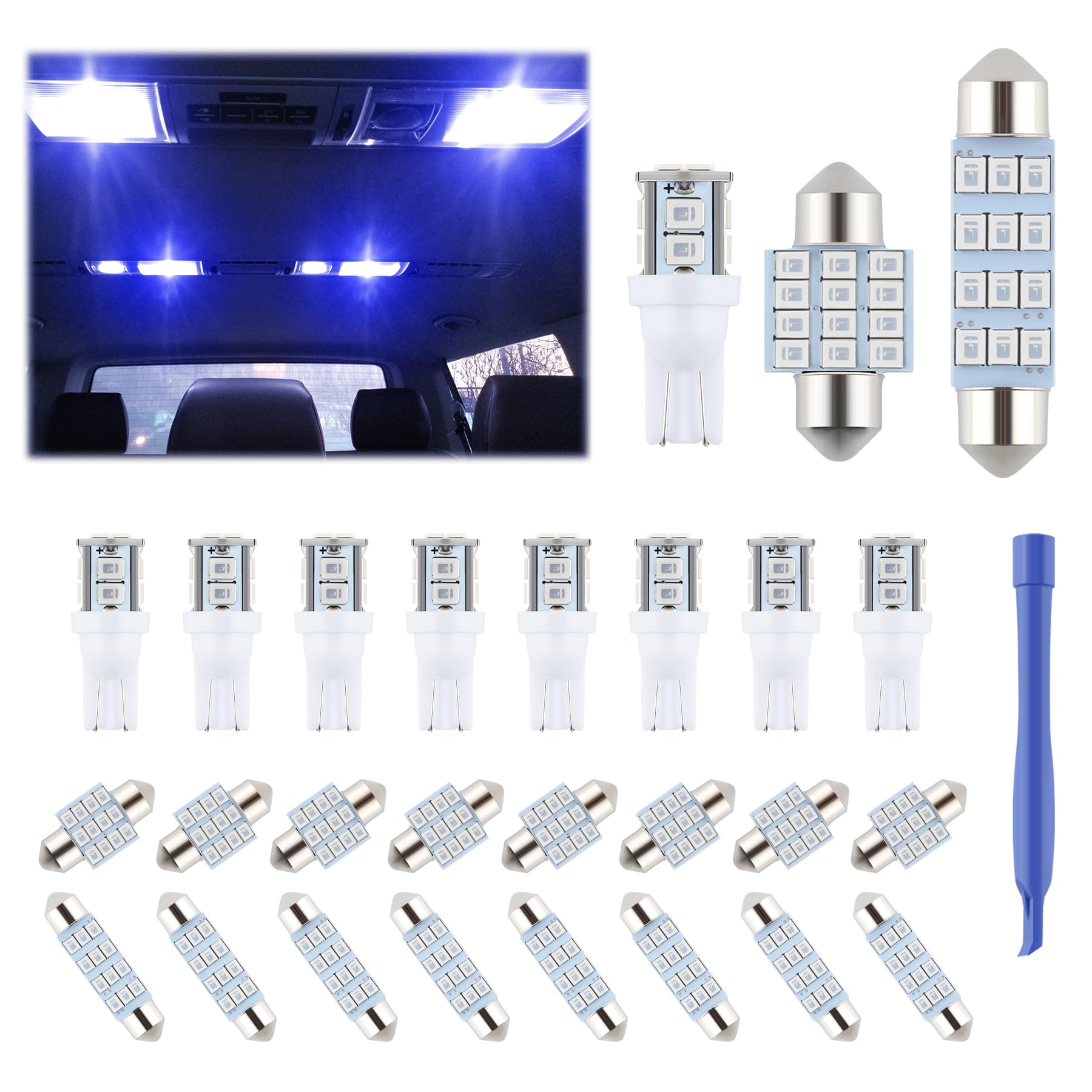 Ifunyled 24 Pieces Dome Light Led Car Interior Bulb Kit Set 194 T10 De3175 578 31Mm 42Mm Bulbs Interior Replacement Lights For Car Map License Plate Door Side Marker Cornering Trunk Light - Blue