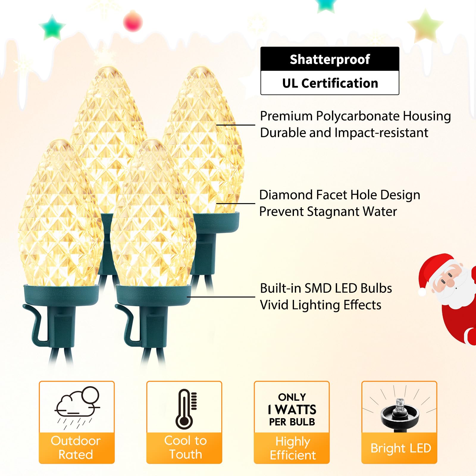 Brightown C9 LED Christmas Lights, 132ft Waterproof String, 200 Warm White LEDs for Holiday Yard Decor, Model 5-100/2F/C-033