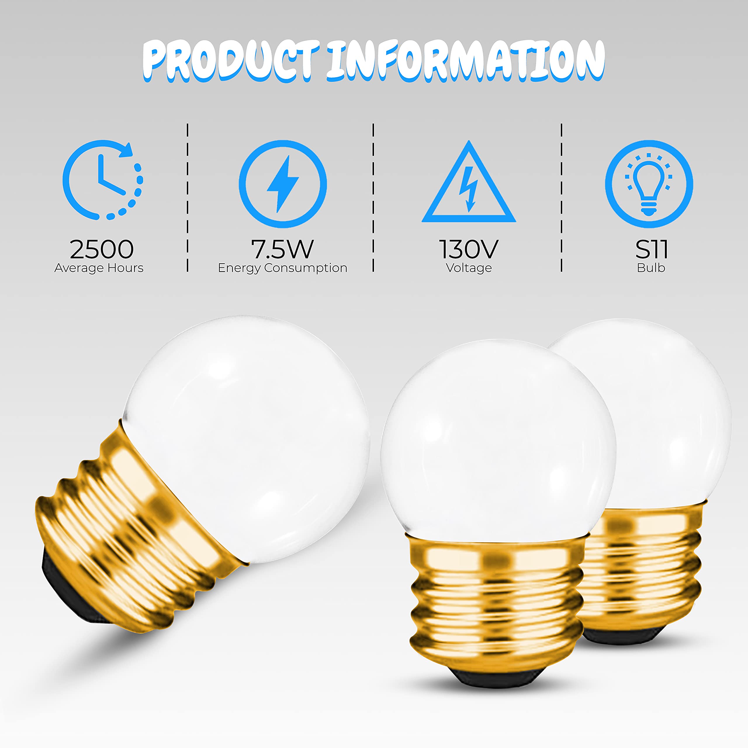 Ohlectric 10 Pack - S11 Ceramic White Night Light Bulbs | 7.5W Incandescent Light Bulb With E26 Medium Base | 40 Lumens Brightne