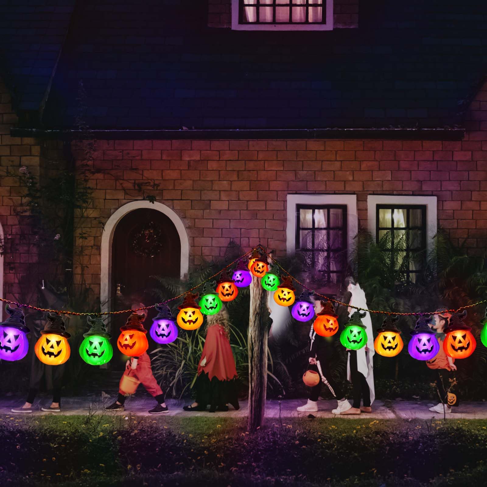 Windpnn Upgraded Battery Operated Halloween Pumpkin Lights, 30 Led, 8 Modes, Waterproof, Indoor Outdoor Use(Orange & Purple & Green Red)